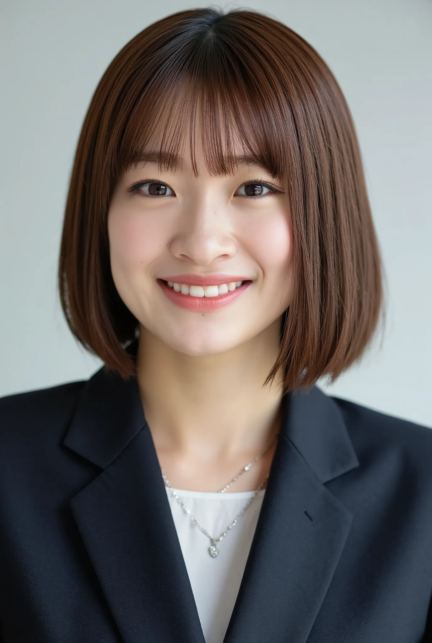 Neat Young Woman、and look at the camera、smile showing teeth、office lady suit、jacket、shirt、Hairstyle Shortcuts、bob hair、 pale brown hair、necklace、dark eyeshadow、、Background is in a room、

