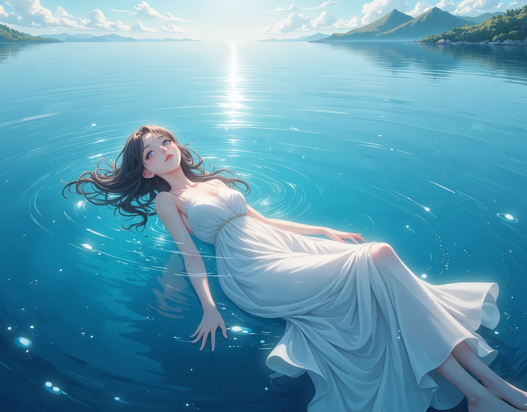 dynamic angle, long shot, distance view, wide shot, anime style, 1girl, solo, long hair, cute face, highly detailed, flat chest, beautiful water, ocean, afloat, beautiful light, island, ((lying on back)), white long dress, masterpiece, best quality,