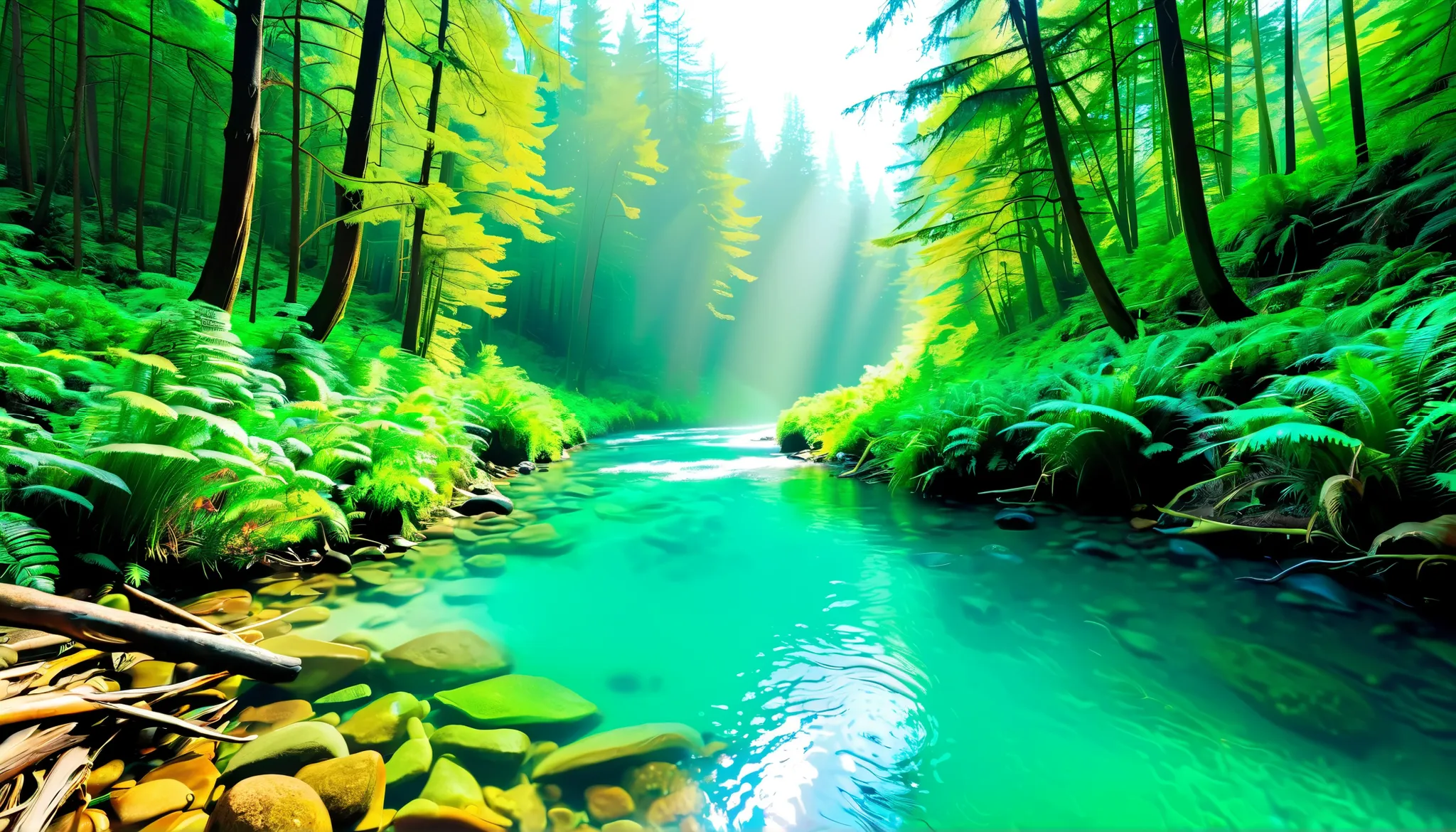(a clear stream in the forest:1.5),(奥にはThe beautiful and mysterious 滝がいくつもあります:1.Super Realism:1.5),there are beams of light coming out of the waterfall, Mysterious Forest Lagoon, Magical forest background, Magical Environment , a little sunshine, The be...