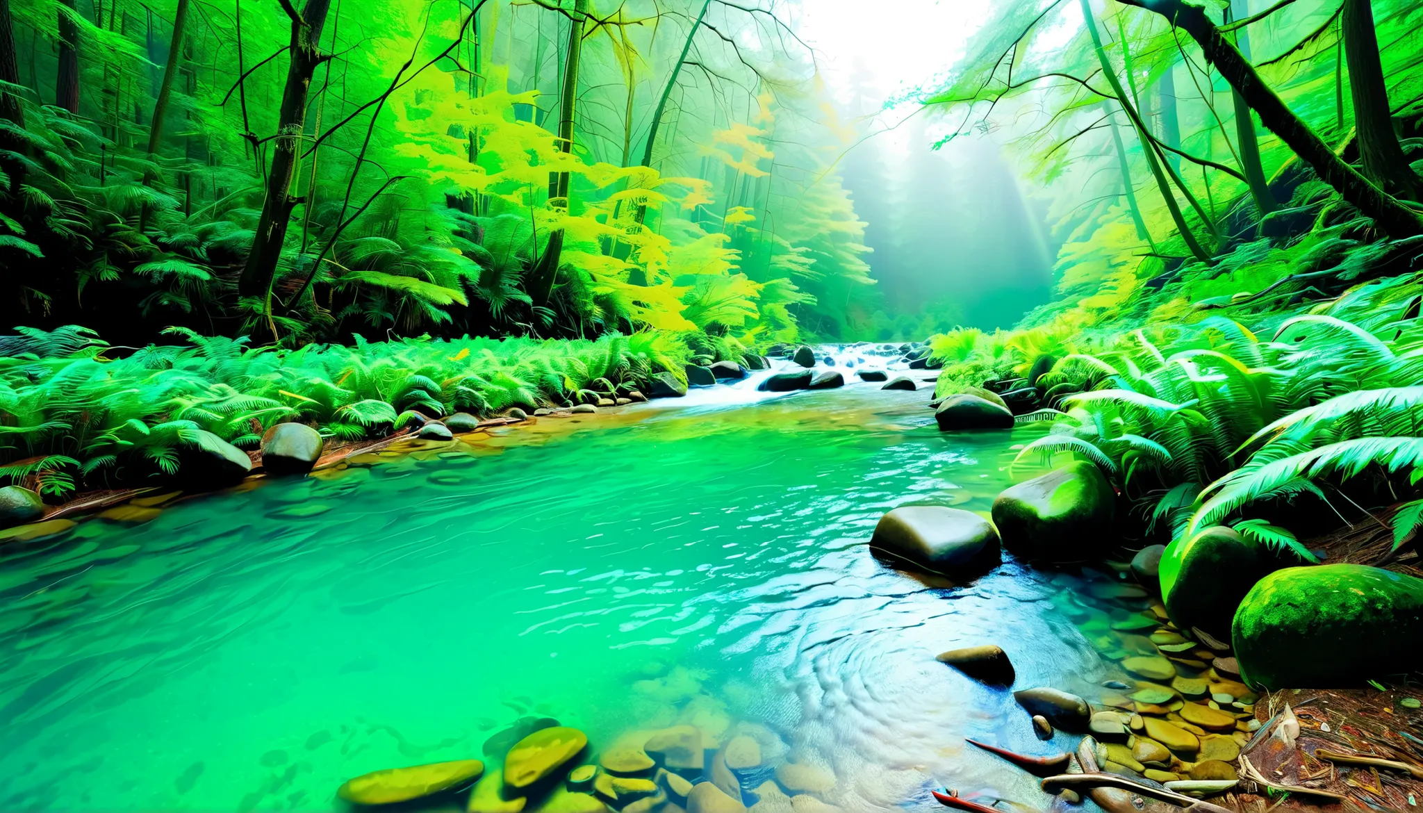 (a clear stream in the forest:1.5),(奥にはThe beautiful and mysterious 滝がいくつもあります:1.Super Realism:1.5),there are beams of light coming out of the waterfall, Mysterious Forest Lagoon, Magical forest background, Magical Environment , a little sunshine, The be...