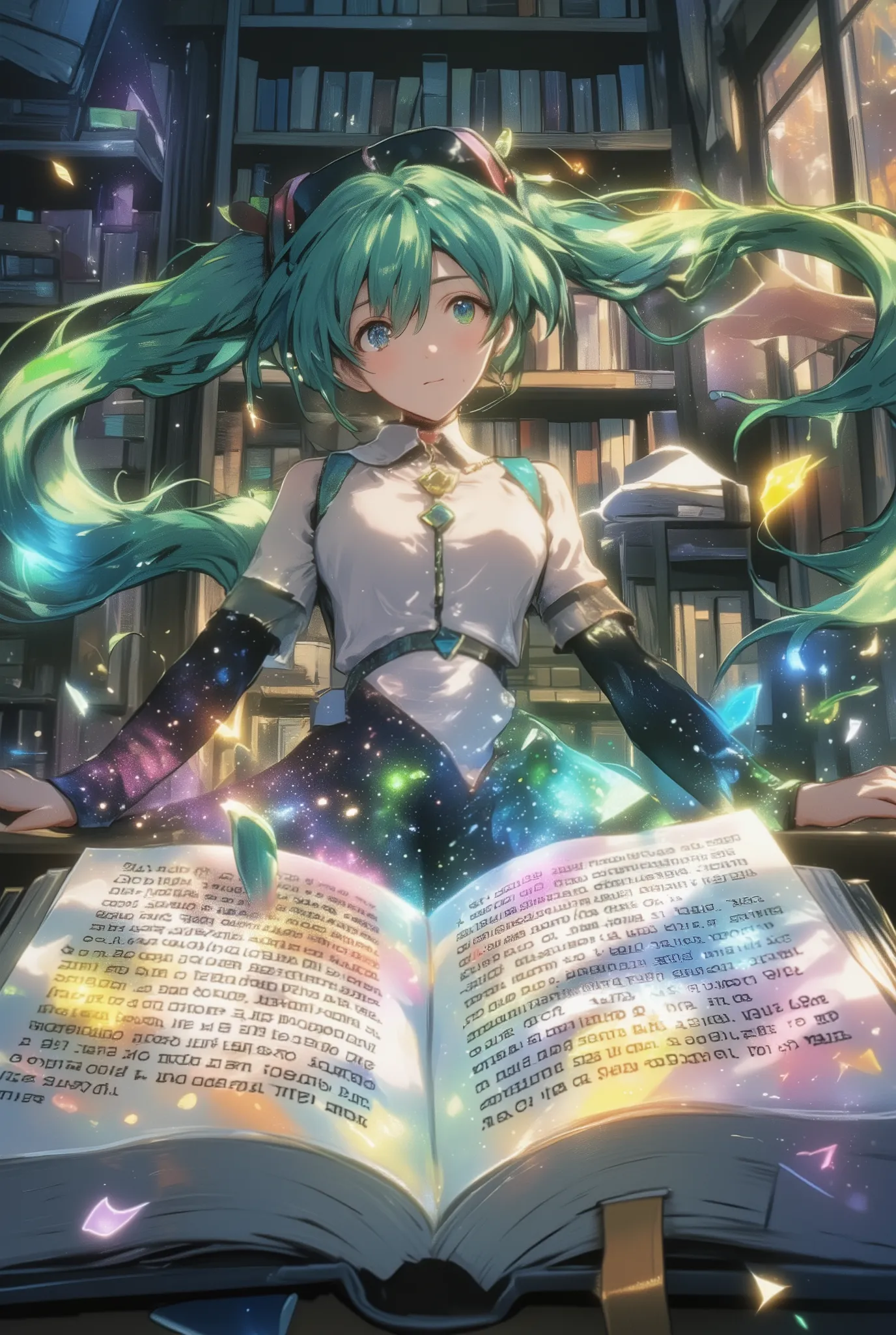 (masterpiece、Highest Quality、Highest Quality、official art、beautiful and beautiful:1.2)、(1 girl on break day:1.3)Hatsune Miku、beautiful breasts、bright green twin-tails、detailed depiction, a scene from a fantasy movie, Goethe Poetry Collection where the let...