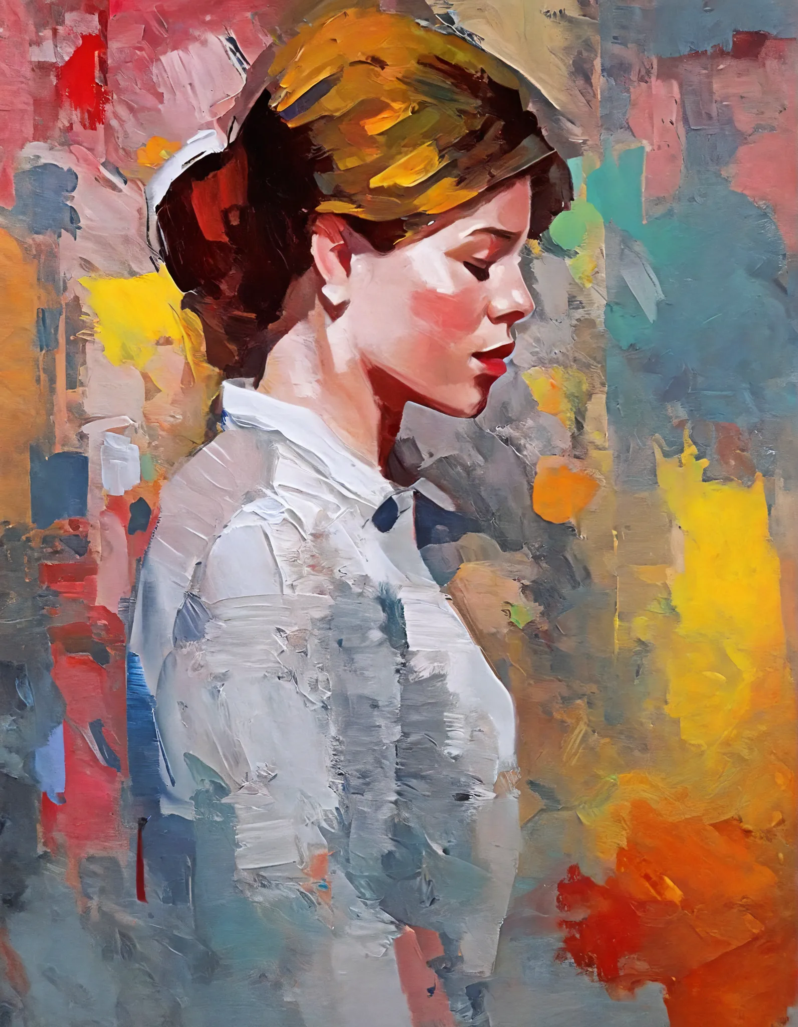 Jean=Create an AI-generated image of a girl inspired by Paul Riopel's style , Highlights the characteristics of abstract expressionism . The work must evoke themes of hate , like , , Capturing the complexities of human emotion through her eyes . The girl's...