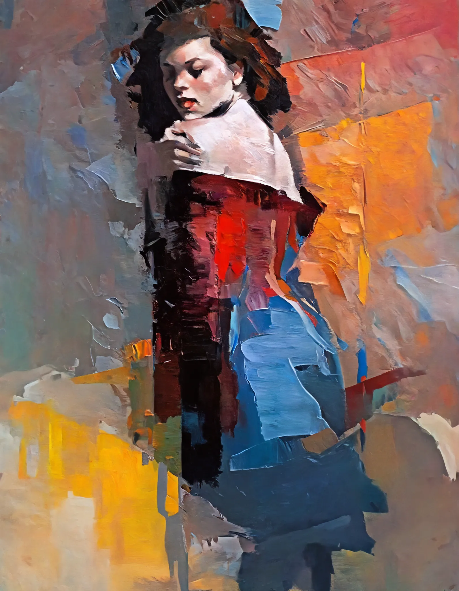 Jean=Create an AI-generated image of a girl inspired by Paul Riopel's style , Highlights the characteristics of abstract expressionism . The work must evoke themes of hate , like , , Capturing the complexities of human emotion through her eyes . The girl's...