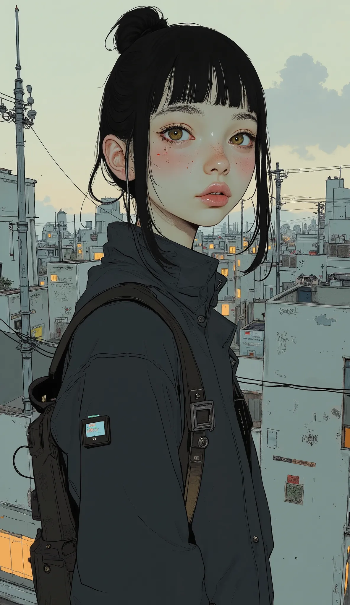ダイナミックで鮮やかなイラストには、特徴的なスパイダーグウェンの衣装を着たキャラクターが描かれています, 腕にピンクのアクセントが付いた白黒のスーツで構成されています. 人物は、高層ビルや給水塔のシルエットが描かれた都会のスカイラインを背景に、ドラムセットを精力的に演奏しています. 設定は生き生きとした雰囲気を醸し出しています, 鳥が活発に空を飛んでいます. キャラクターのブロンドの髪が自由に流れ、片手にドラムスティックを上げ、もう片方の手でドラムを叩いています, 動きとリズムを強調しています. 大きなドラ...