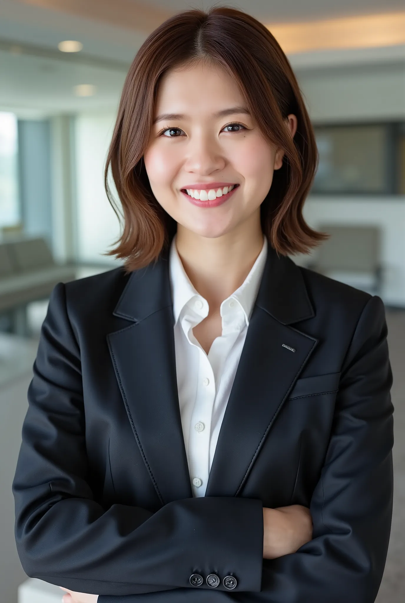 Neat Young Woman、and look at the camera、smile showing teeth、office lady suit、jacket、shirt、Hairstyle Shortcuts、 pale brown hair、dark eyeshadow、、Background is in a room、