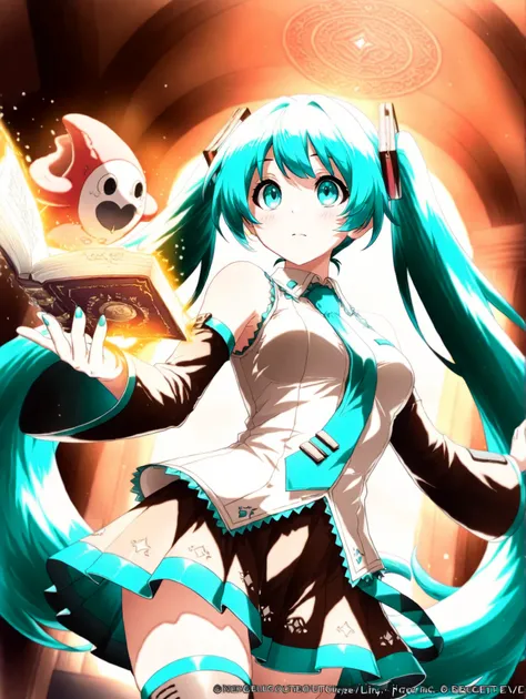(masterpiece、Highest Quality、Highest Quality、official art、beautiful and beautiful:1.2)、(1 girl on break day:1.3)Hatsune Miku、beautiful breasts、bright green twin-tails、detailed depiction, a scene from a fantasy movie, Goethe Poetry Collection where the lett...