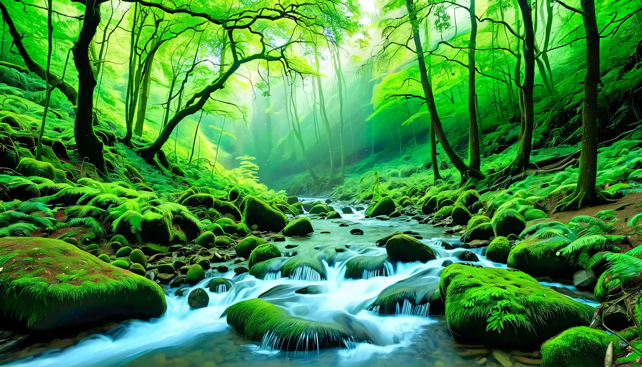 (Clear Stream in the Forest:1.5),(Multiple beautiful and mysterious waterfalls can be seen in the back:1.uper Realism:1.5),A beam of light is emitted from the waterfall, Mysterious Forest Lagoon, Magical forest background, Magical Environment , A bit of su...