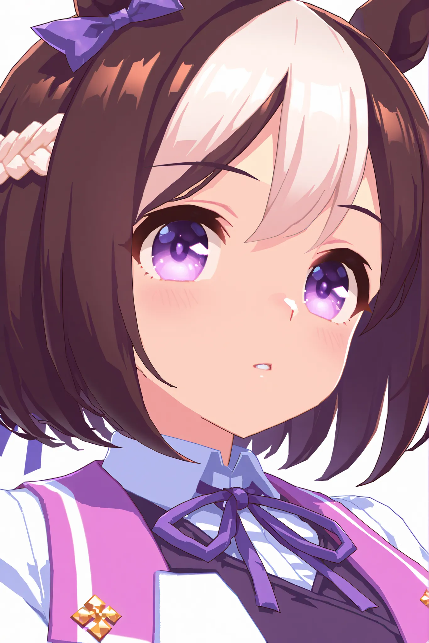 pixel art, special week(umamusume), 1girl, solo, single character, horse ears, horse tail, purple eyes, hair bow, short hair, crown braid, brown hair, two-tone hair, multicolored hair, simple background,white_background