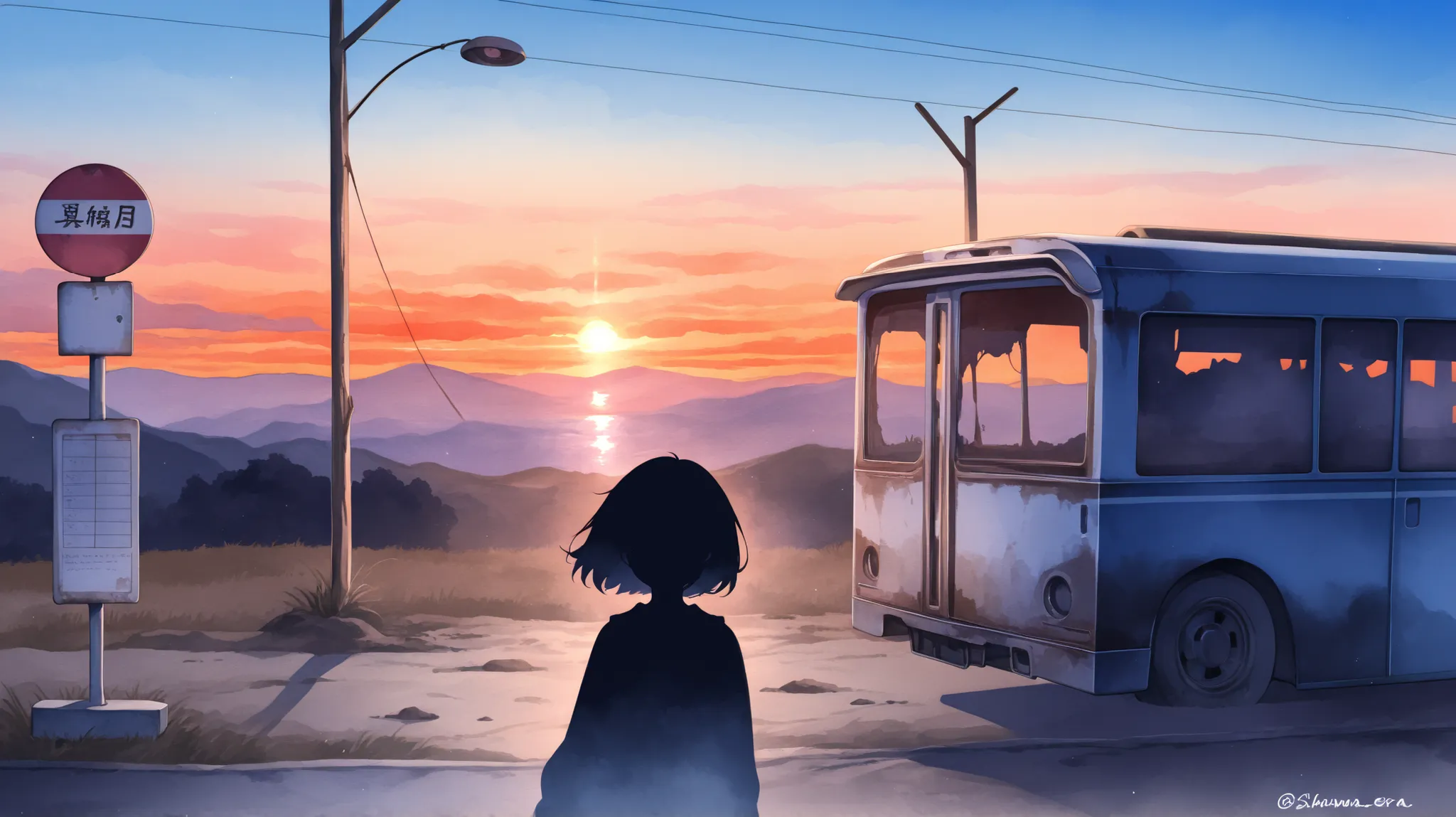 silhouette of a female student standing at an abandoned bus stop in the countryside、 look at me and laugh、floating in the sea、Showa Era Scenery、sunset、watercolor、 upper body picture