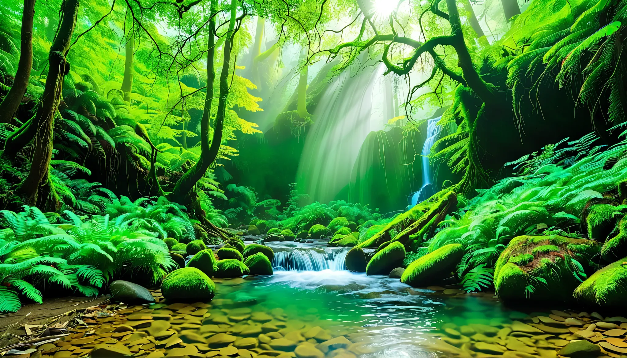 (Clear Stream in the Forest:1.5),(Multiple beautiful and mysterious waterfalls can be seen in the back:1.5),(realistic expression:1.5),(Super Realism:1.5),A beam of light is emitted from the waterfall, Mysterious Forest Lagoon, Magical forest background, M...