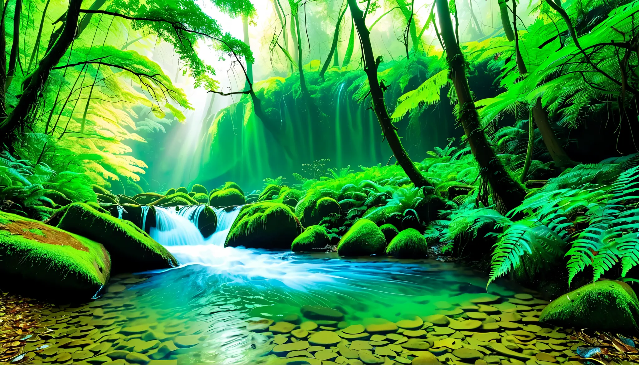 (Clear Stream in the Forest:1.5),(Multiple beautiful and mysterious waterfalls can be seen in the back:1.5),(realistic expression:1.5),(Super Realism:1.5),A beam of light is emitted from the waterfall, Mysterious Forest Lagoon, Magical forest background, M...