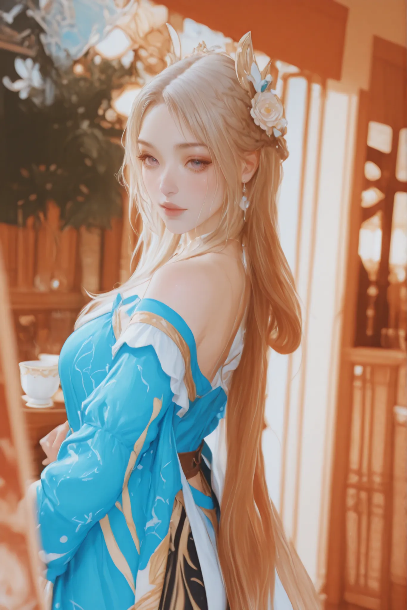 Change to a full-body photo of a woman，G cup， are perfectly detailed，has exquisite facial features， Clothes are exquisite ， Game Character Design ，3D Rendering