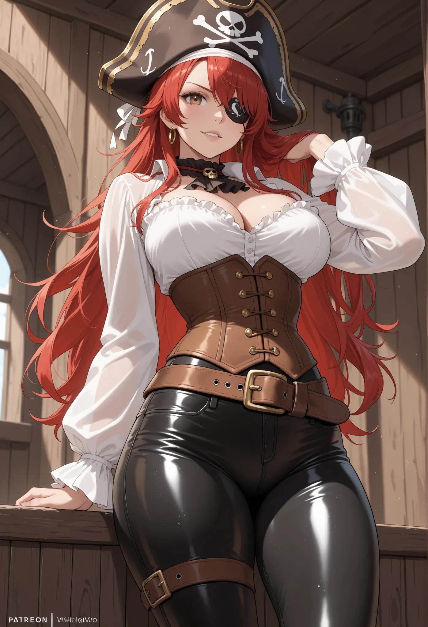 female pirate, red hair, white blouse, corset, cleavage, leather pants