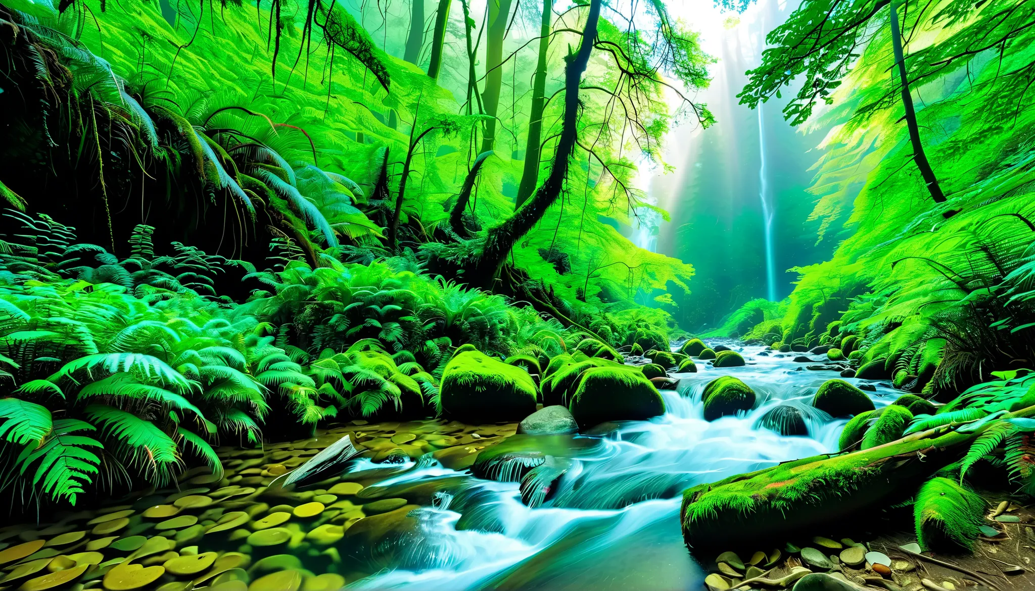 (Clear Stream in the Forest:1.5),(Multiple beautiful, mysterious, and large waterfalls can be seen in the back:1.5),(realistic expression:1.5),(Super Realism:1.5),A beam of light is emitted from the waterfall, Mysterious Forest Lagoon, Magical forest backg...