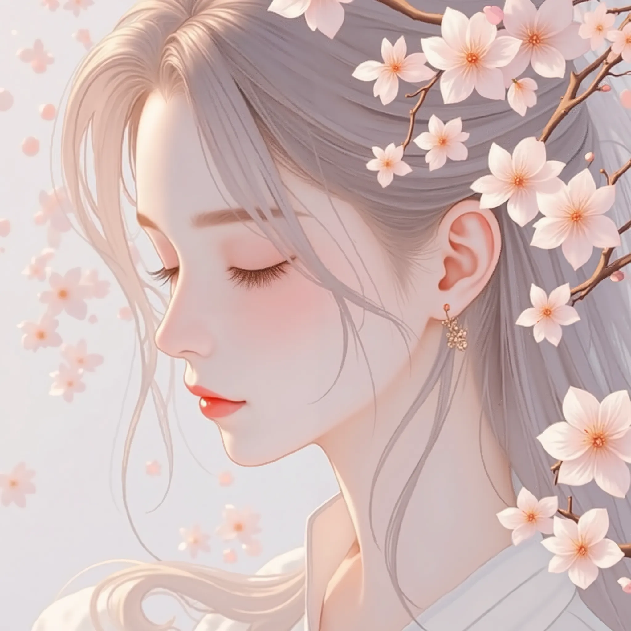 。digital art with a dreamy, graceful atmosphere. It depicts a woman with long hair,  flowing hair , her eyes are closed, in、Part of her face is delicate cherry blossoms. The background is soft and pastel, Being in 、with subtle flower and leaf patterns. The...