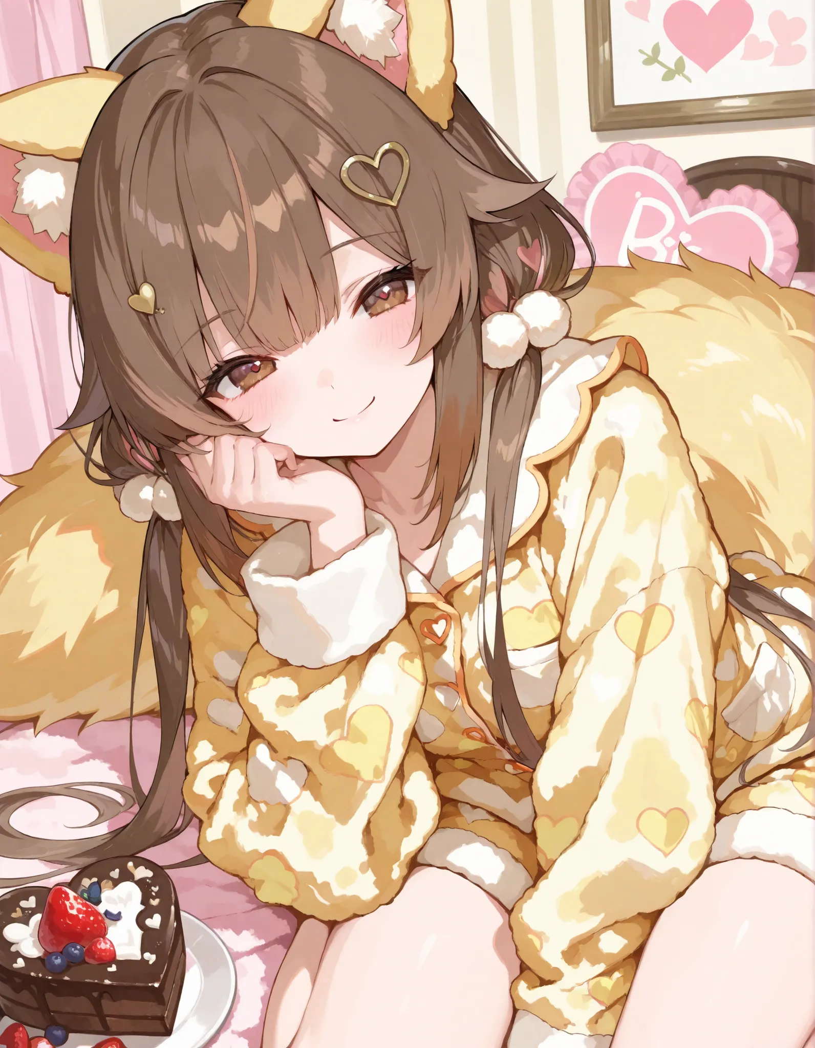 masterpiece, Brown hair, twin tails、heart shape hair ornament、((A big fruitcake, wearing yellow fluffy pajamas)), smile, cute girly room