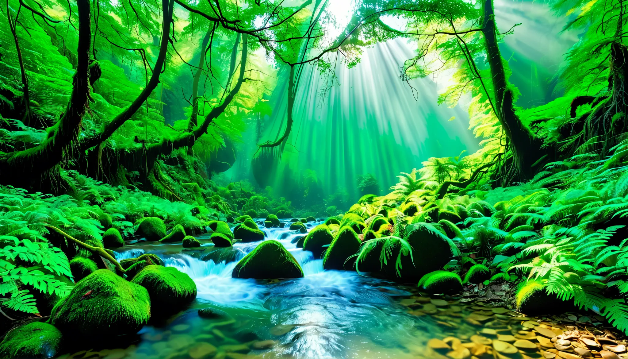 (Clear Stream in the Forest:1.5),(Multiple beautiful, mysterious, and large waterfalls can be seen in the back:1.5),(realistic expression:1.5),(Super Realism:1.5),A beam of light is emitted from the waterfall, Mysterious Forest Lagoon, Magical forest backg...