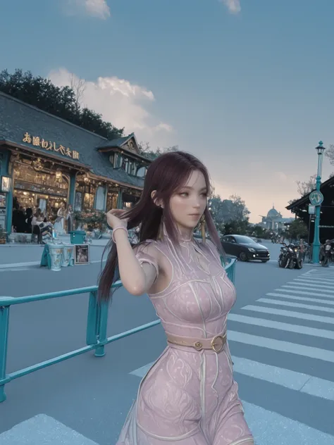 Change to a full-body photo of a woman，G cup， are perfectly detailed，has exquisite facial features， Clothes are exquisite ， Game Character Design ，3D Rendering