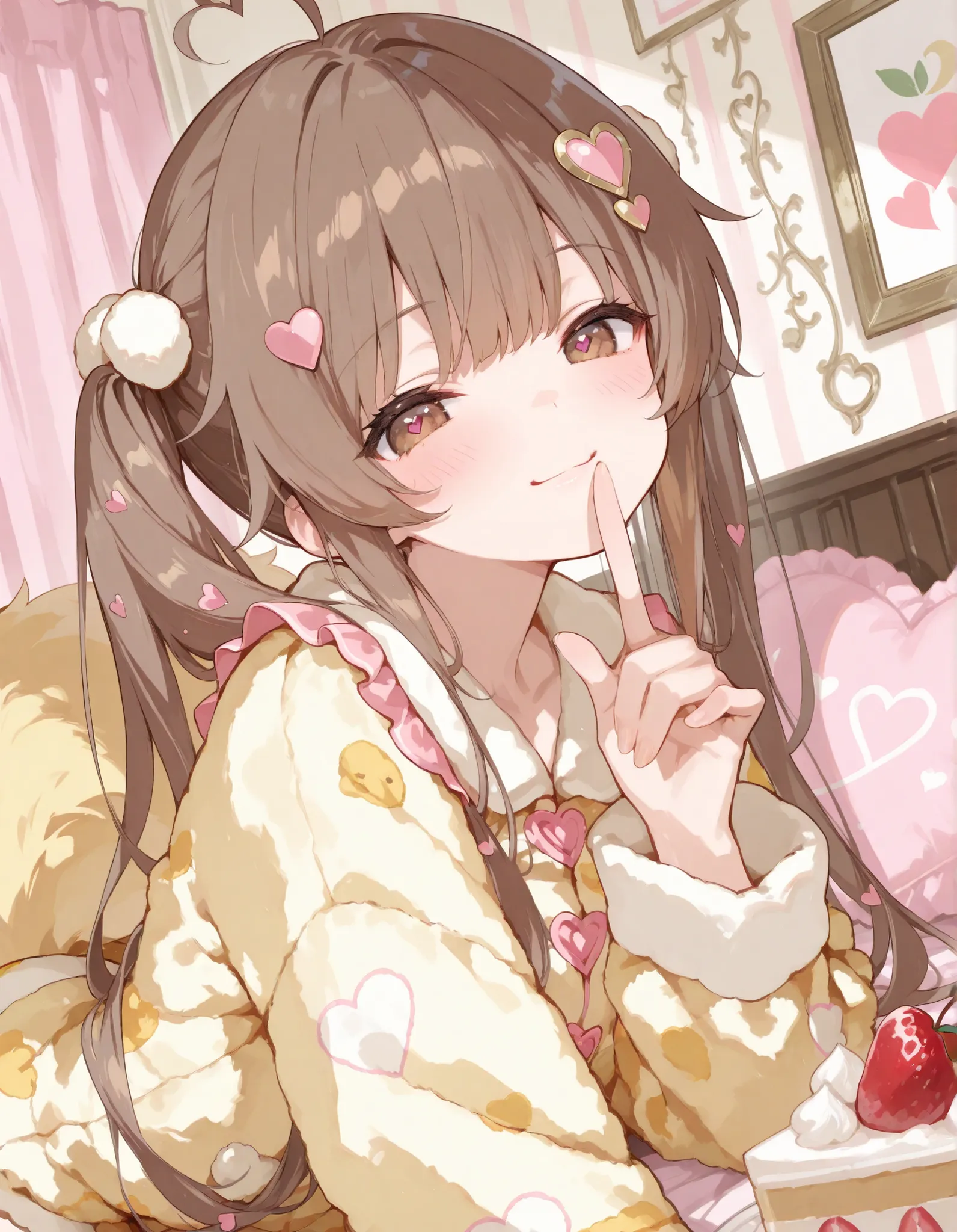 masterpiece, Brown hair, twin tails、heart shape hair ornament、(Index finger on mouth), A big fruitcake, wearing yellow fluffy pajamas, smile, cute girly room