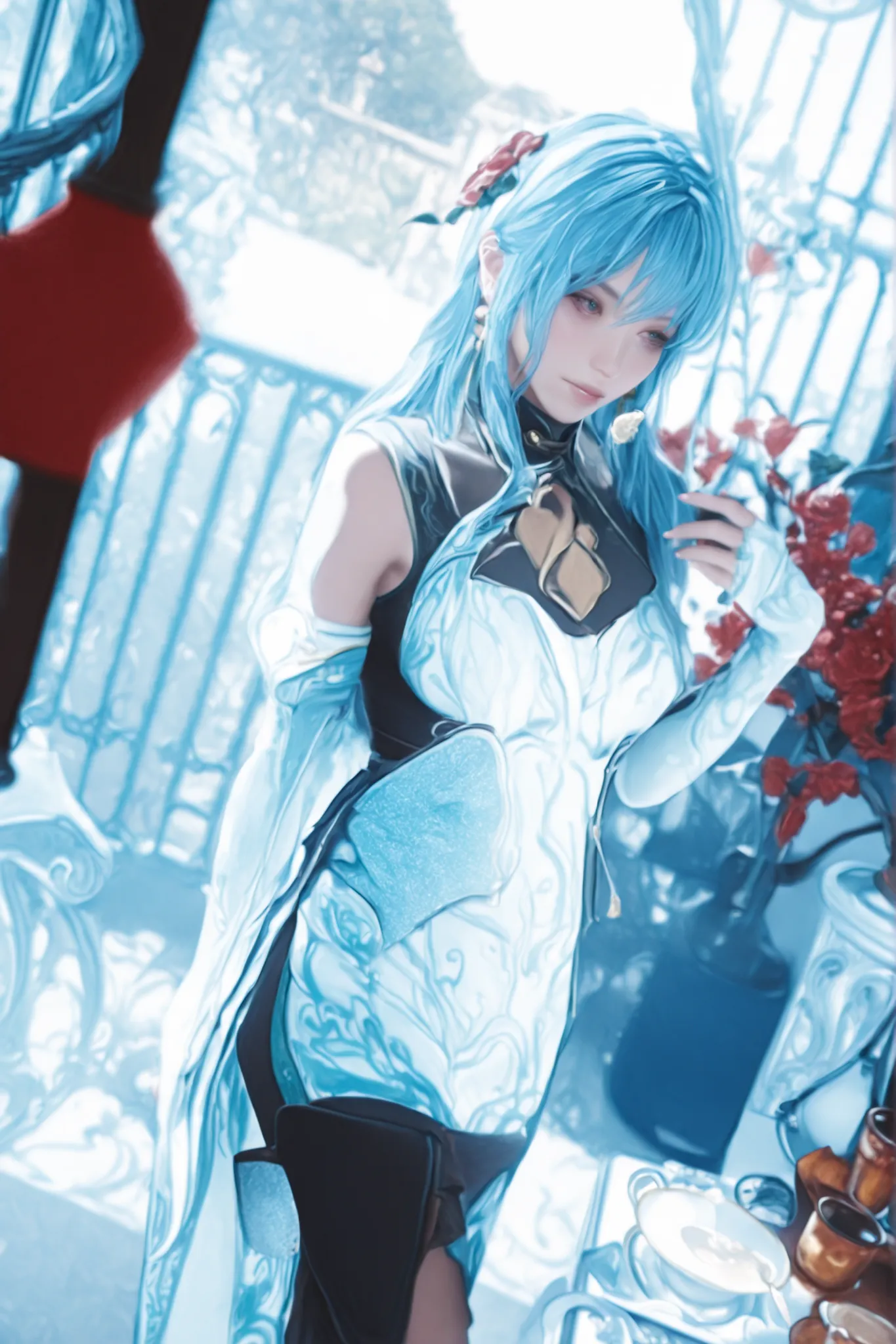 Change to a full-body photo of a woman，G cup， are perfectly detailed，has exquisite facial features， Clothes are exquisite ， Game Character Design ，3D Rendering