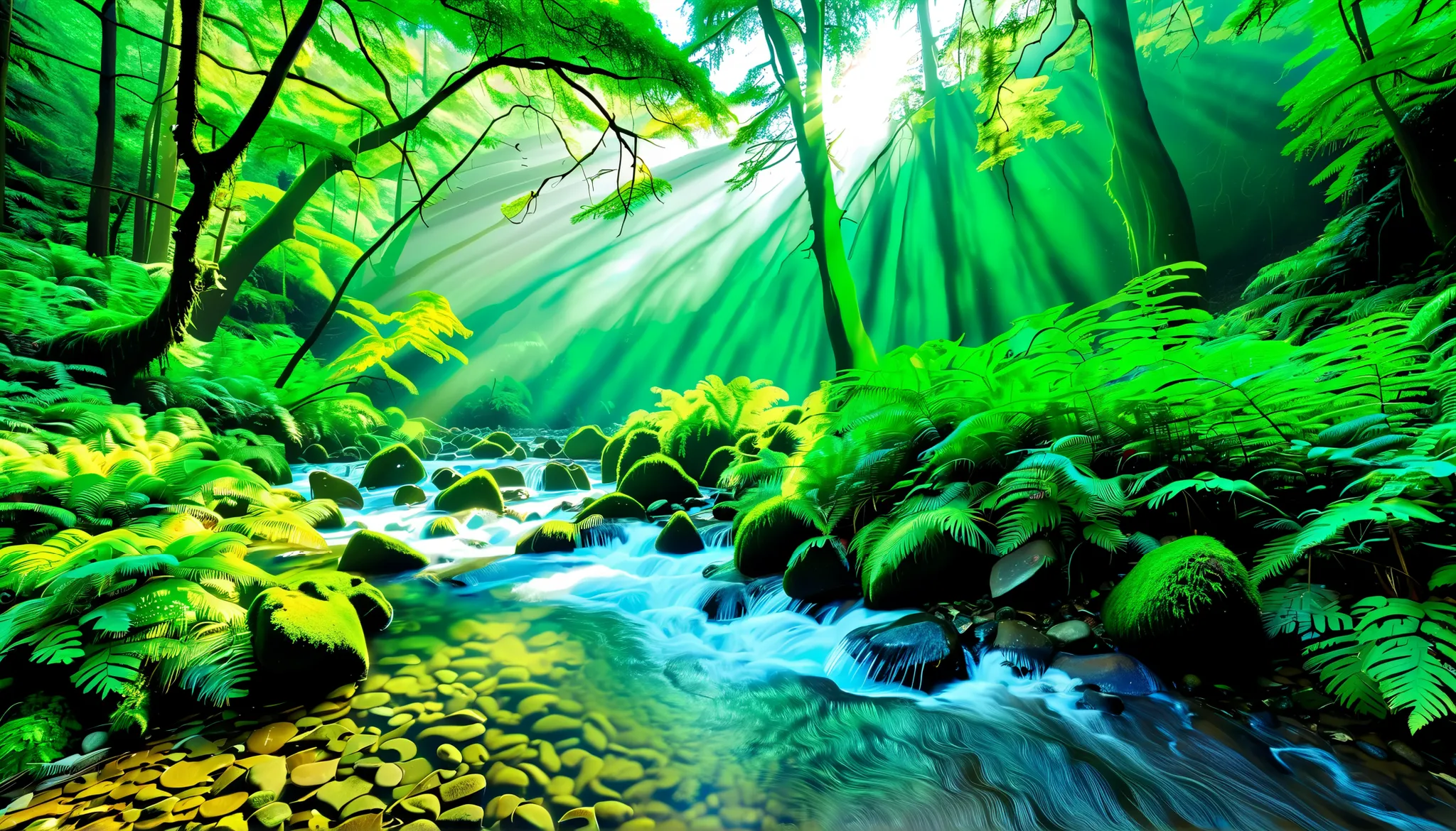(Clear Stream in the Forest:1.5),(Multiple beautiful, mysterious, and large waterfalls can be seen in the back:1.5),(realistic expression:1.5),(Super Realism:1.5),A beam of light is emitted from the waterfall, Mysterious Forest Lagoon, Magical forest backg...