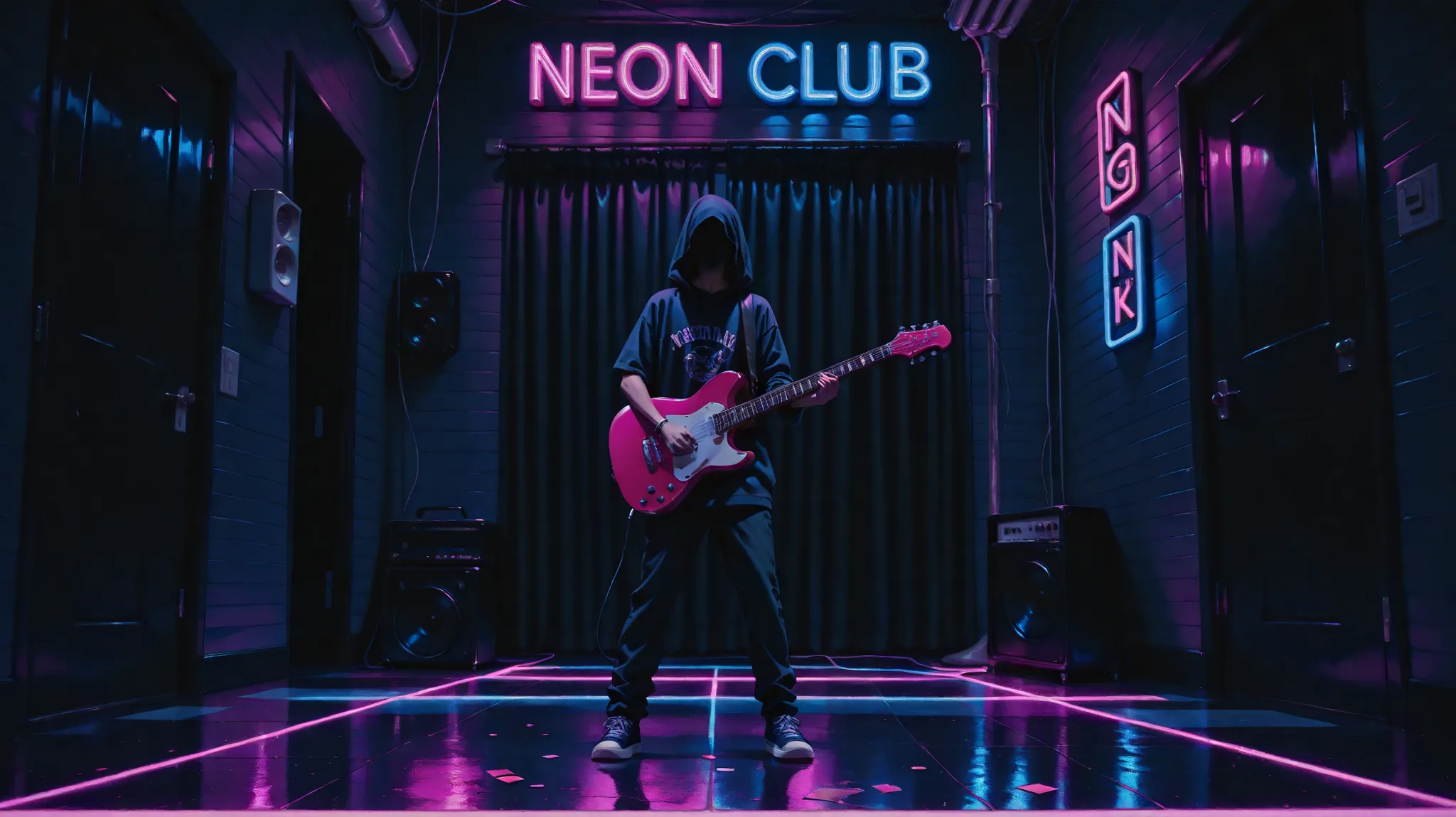 Night club, music, dark, night, neon light, empty dance floor,