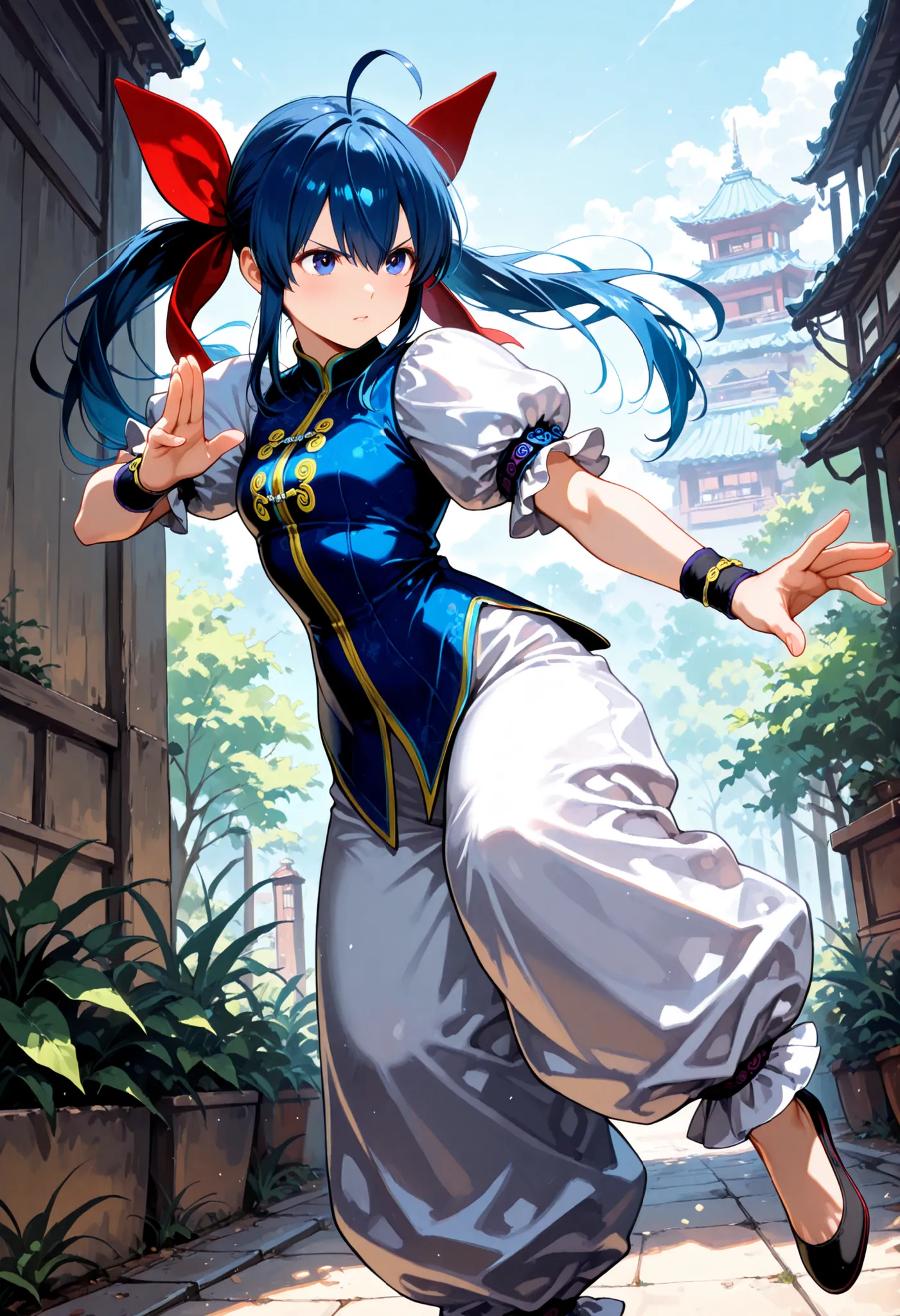 masterpiece, best quality, amazing quality, highres, absurdres,futaba hotaru, long hair, blue hair, twintails, hair bow, hair between eyes, sidelocks, ahoge, chinese clothes, puffy short sleeves, wristband, baggy pants, flats,standing on one leg,fighting s...