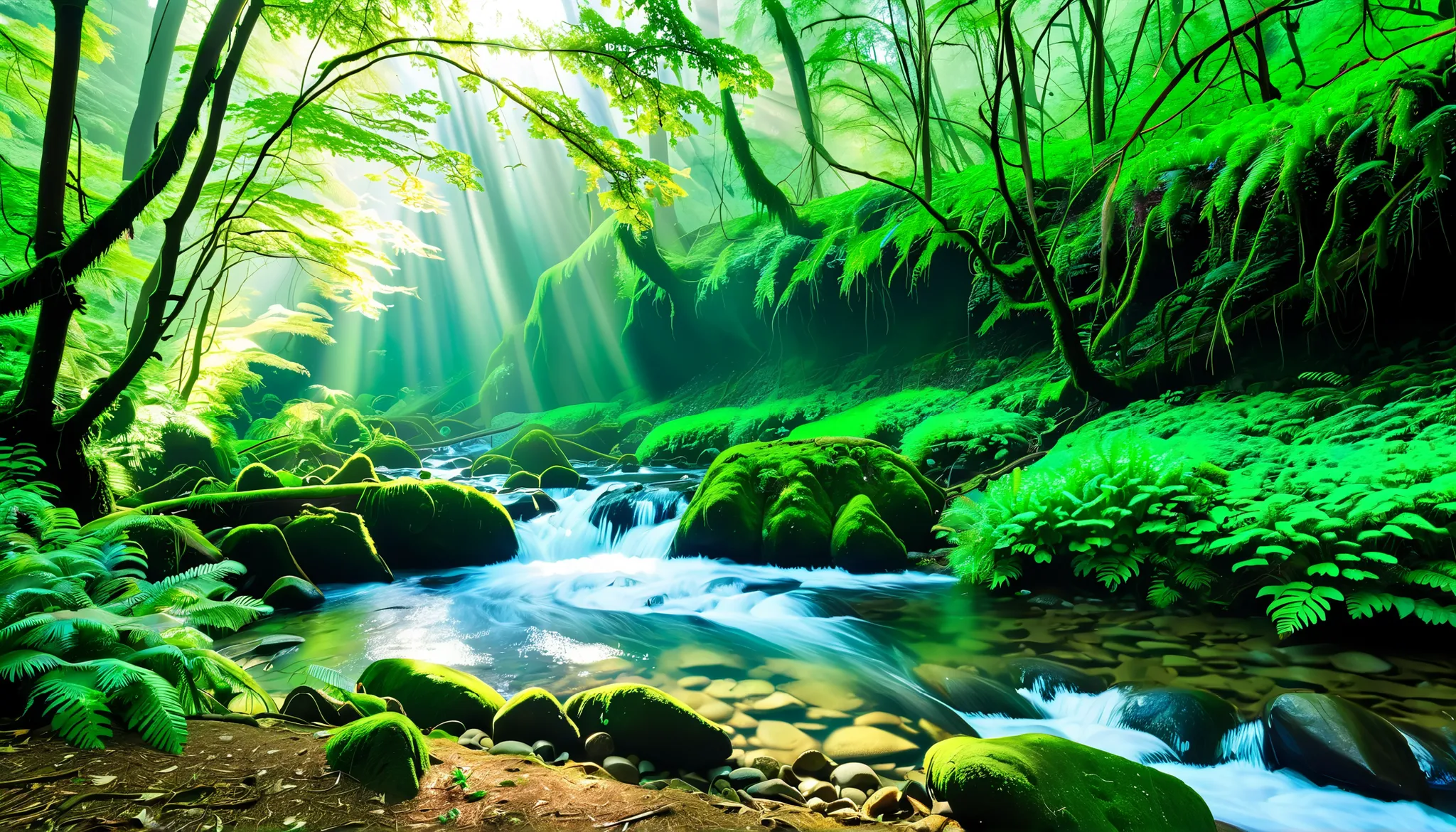 (Clear Stream in the Forest:1.5),(Multiple beautiful, mysterious, and large waterfalls can be seen in the back:1.5),(realistic expression:1.5),(Super Realism:1.5),A beam of light is emitted from the waterfall, Mysterious Forest Lagoon, Magical forest backg...