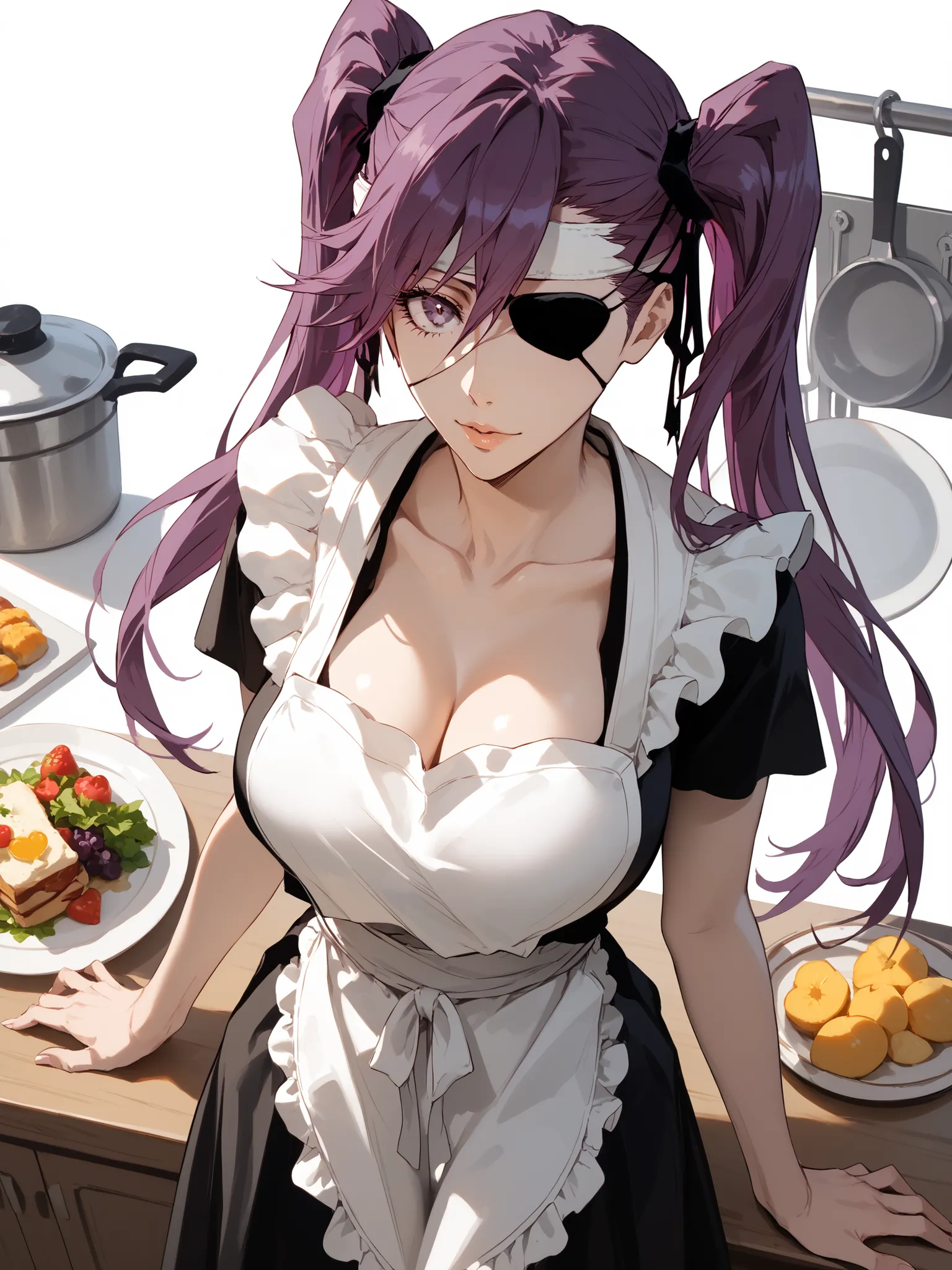 Best quality, 8K, masterpiece,ultra detailed, accurate, soft lighting, white background, 1 girls, solo ,mature, bleach anime, saito furoufushi, purple hair,Twin tails that reach down to the waist,white headband, eye patch, purple eyes, beautiful heart apro...