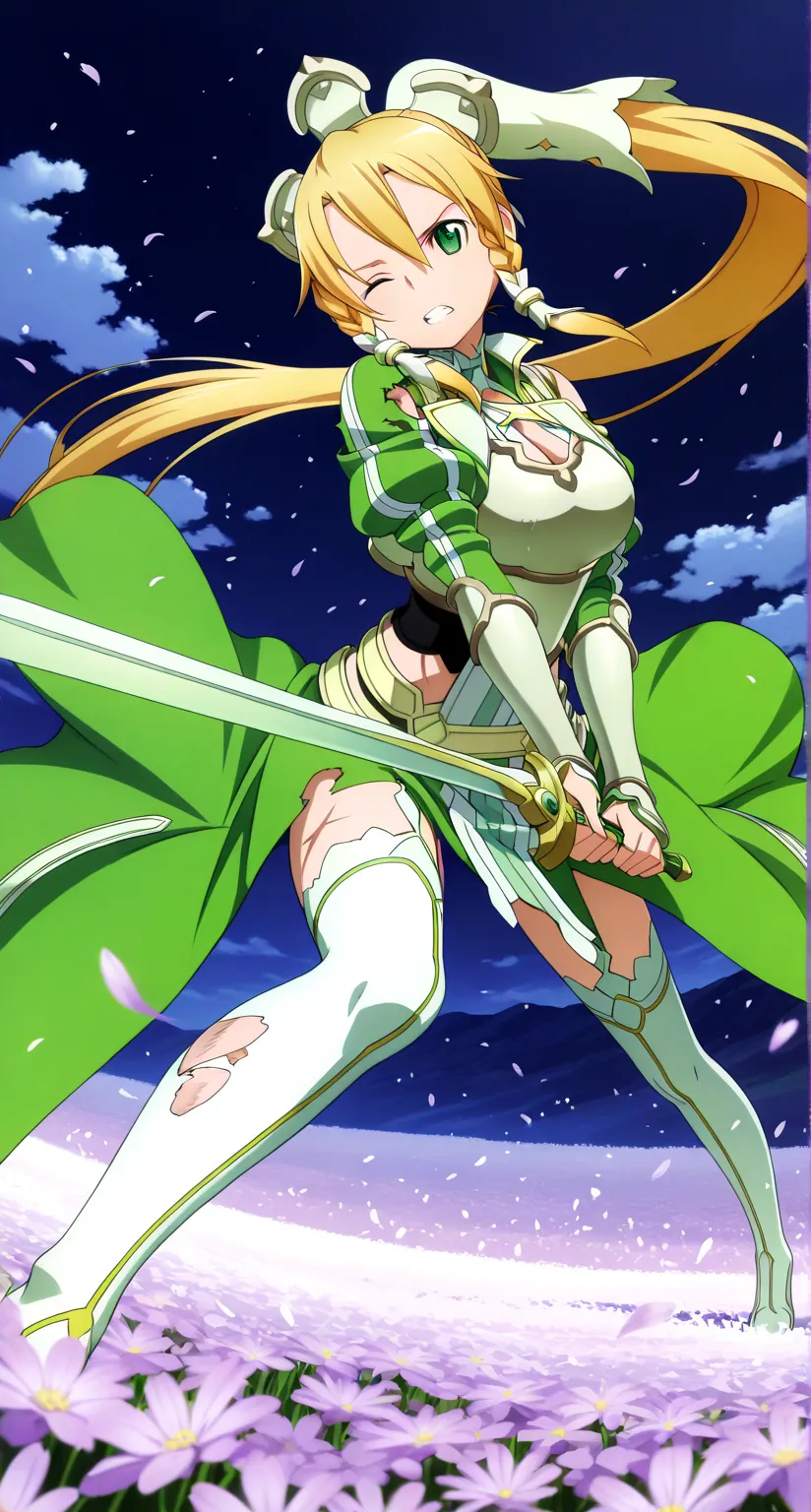 masterpiece,best quality,highres,ultra-detailed,masterpiece,detailed illustration,1girl,leafa (sao),shiny beautiful woman,dynamic angle,depth of field,green eyes,blonde hair,very long hair,ponytail,braid,hair ornament,cleavage,dress,green dress,armor,breas...