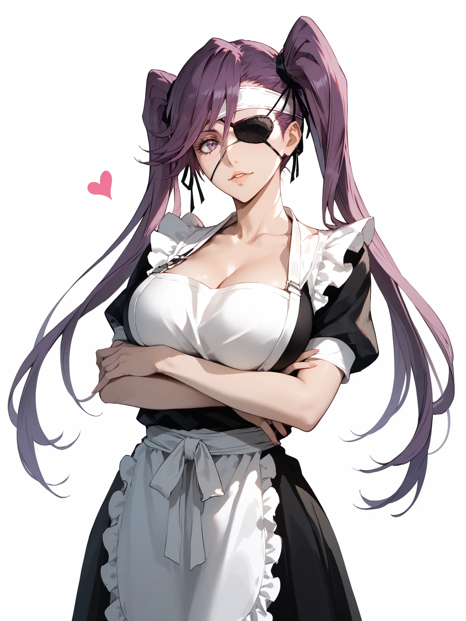Best quality, 8K, masterpiece,ultra detailed, accurate, soft lighting, white background, 1 girls, solo ,mature, bleach anime, saito furoufushi, purple hair,Twin tails that reach down to the waist,white headband, eye patch, purple eyes, beautiful heart apro...