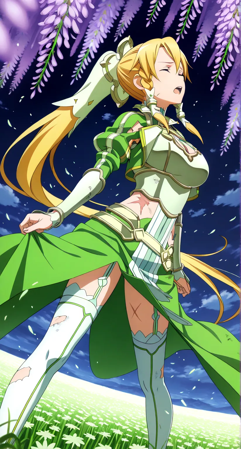 masterpiece,best quality,highres,ultra-detailed,masterpiece,detailed illustration,1girl,leafa (sao),shiny beautiful woman,dynamic angle,depth of field,closed eyes tightly,blonde hair,very long hair,ponytail,braid,hair ornament,cleavage,dress,green dress,ar...