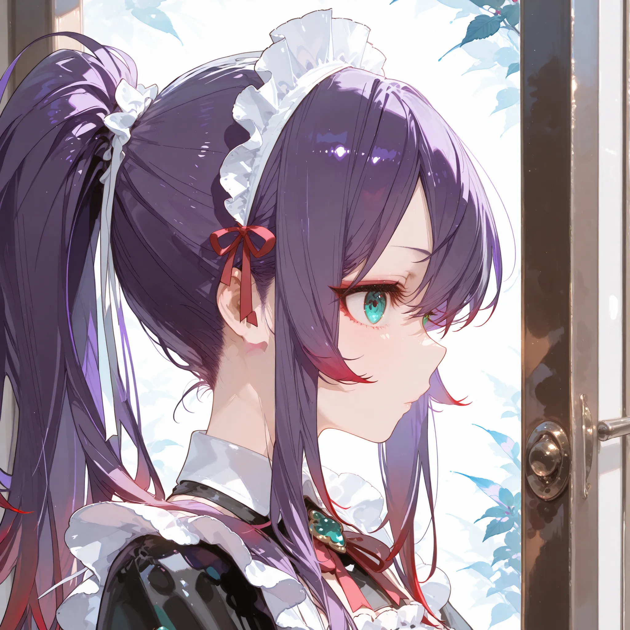 High Quality、one girl、maid clothes、ponytail、purple hair behind closed doors、Red tips、profile、Lots of hair、 to close、jade eyes、plain background、There is no background