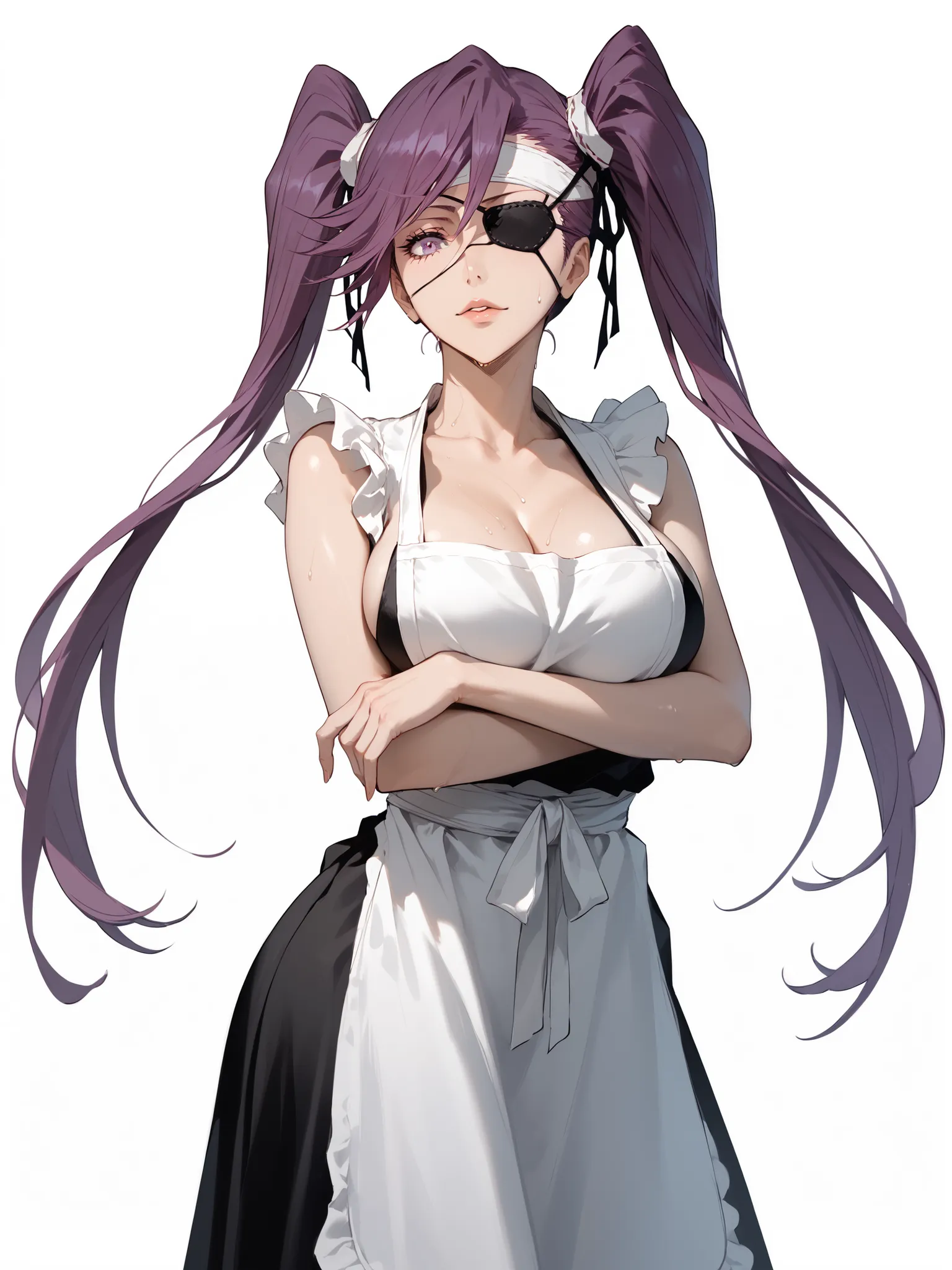 Best quality, 8K, masterpiece,ultra detailed, accurate, soft lighting, white background, 1 girls, solo ,mature, bleach anime, saito furoufushi, purple hair,Twin tails that reach down to the waist,white headband, eye patch, purple eyes, beautiful apron, onl...