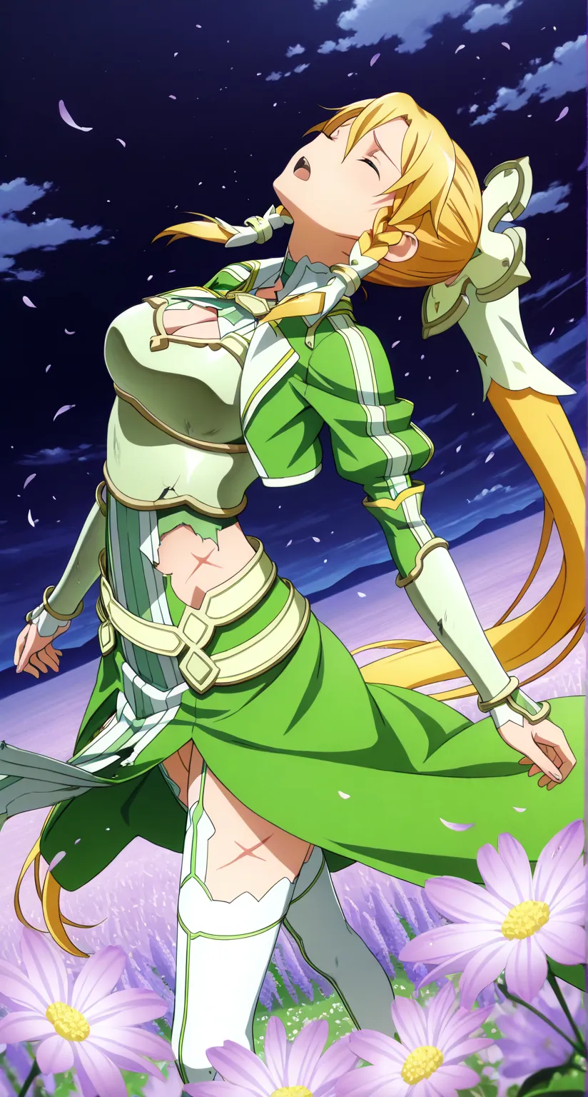 masterpiece,best quality,highres,ultra-detailed,masterpiece,detailed illustration,1girl,leafa (sao),shiny beautiful woman,dynamic angle,depth of field,closed eyes tightly,blonde hair,very long hair,ponytail,braid,hair ornament,cleavage,dress,green dress,ar...