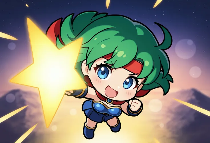 Starry Flowing Background, 1 girl, mumu, green hair, Blue Breastplate, red hair band, blue boots, chibi,  laugh, is flying, stick out your fist, official art, deformed, Chibi Kawaii, 4K high image quality, Professional Finish, Extreme Details, HDR, UHD, st...