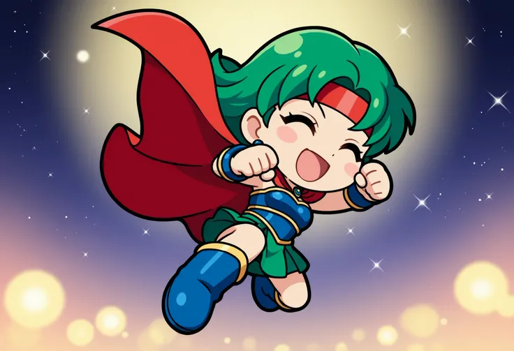 Starry Flowing Background, 1 girl, mumu, green hair, Blue Breastplate, red hair band, blue boots, chibi,  laugh, is flying, stick out your fist, official art, deformed, Chibi Kawaii, 4K high image quality, Professional Finish, Extreme Details, HDR, UHD, st...