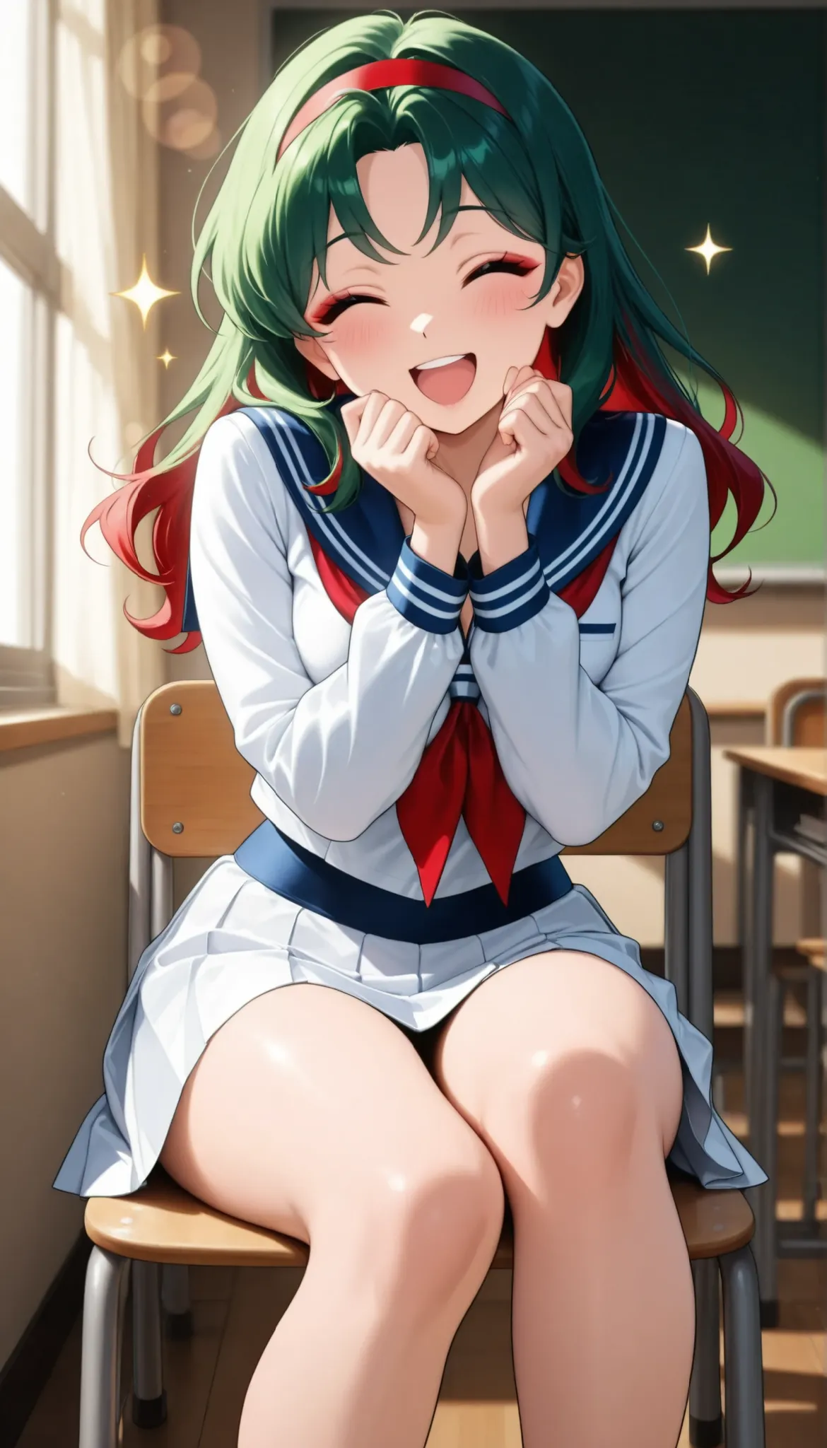 fusion of sparkle and sexiness, ((1 woman)), mumu, green hair, red hair band, sailor suit, pleated skirt, laugh, 脚を組んでsit, sit, schools, official art, 4K high image quality, Professional Finish, Extreme Details, HDR, UHD, studio lighting, bokeh, Happy Atm...