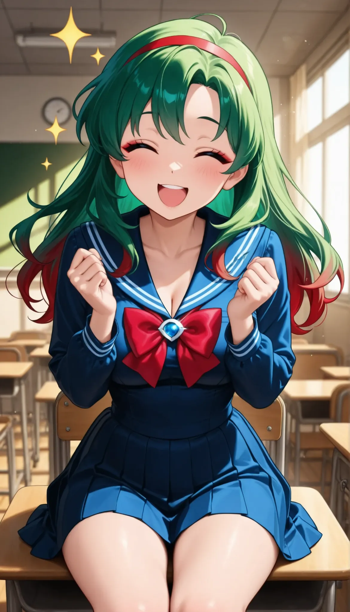 fusion of sparkle and sexiness, ((1 woman)), mumu, green hair, red hair band, sailor suit, pleated skirt, laugh, 脚を組んでsit, sit, schools, official art, 4K high image quality, Professional Finish, Extreme Details, HDR, UHD, studio lighting, bokeh, Happy Atm...