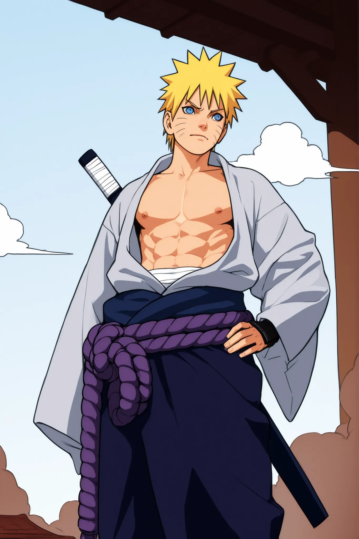 “A high-definition anime-style boy illustration of Naruto Uzumaki He wears a long sleeve white kimono that is left open at the torso and hanging , revealing his chest and abs. Naruto has his signature spiky blond hair, blue eyes,comic colored manga artstyl...