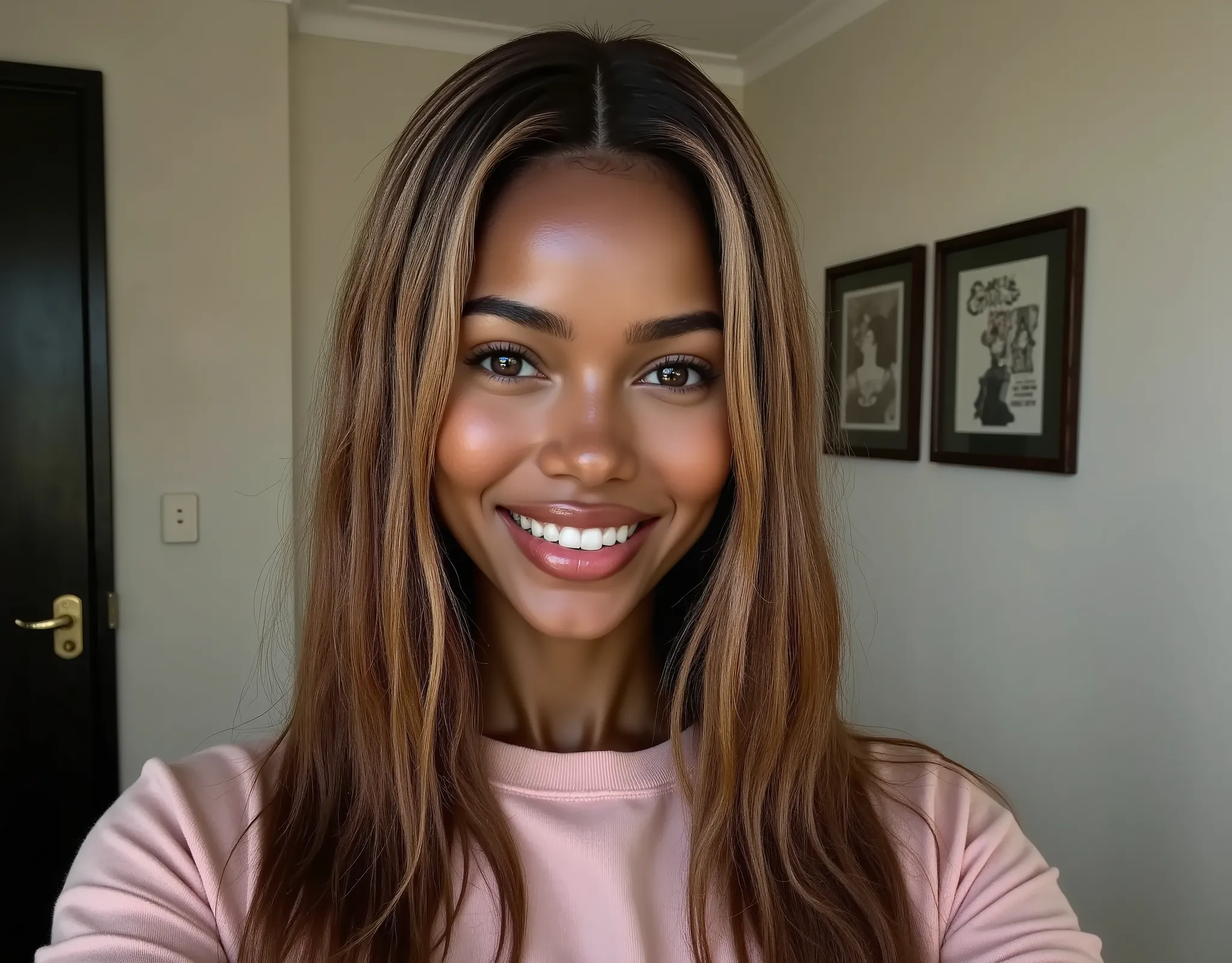 smiling girl with olive skin, a 18 year old girl , long hair, usually dresses in sweatshirts. she is in her gaming room and looking ahead. She has golden brown eyes