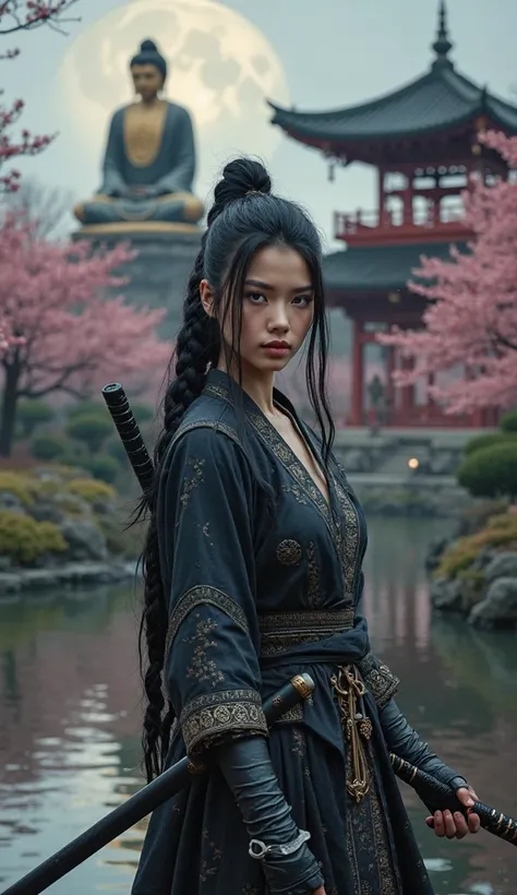 award-winning photo of a beautiful female warrior, 35 ans, samurai, armure noire et blanche, casque, ventre nu, mince, normal chest, long black braided hair, yeux bleus brillants, luscious mouth, se tenant debout dans une positon dynamique et tendant devant elle avec ses deux mains un sabre japonais à manche noir, in a garden with a body of water and full of blossoming Japanese cherry trees, with a pagoda in the background and a large golden statue of Buddha, under a cloudy dusky sky, half-hiding the full moon, detailed realistic decor, Award-winning studio photo.