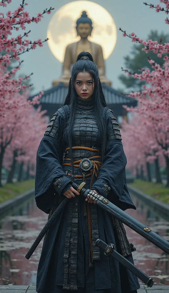 award-winning photo of a beautiful female warrior, 35 ans, samurai, armure noire et blanche, casque, ventre nu, mince, normal chest, long black braided hair, yeux bleus brillants, luscious mouth, se tenant debout dans une positon dynamique et tendant devant elle avec ses deux mains un sabre japonais à manche noir, in a garden with a body of water and full of blossoming Japanese cherry trees, with a pagoda in the background and a large golden statue of Buddha, under a cloudy dusky sky, half-hiding the full moon, detailed realistic decor, Award-winning studio photo.