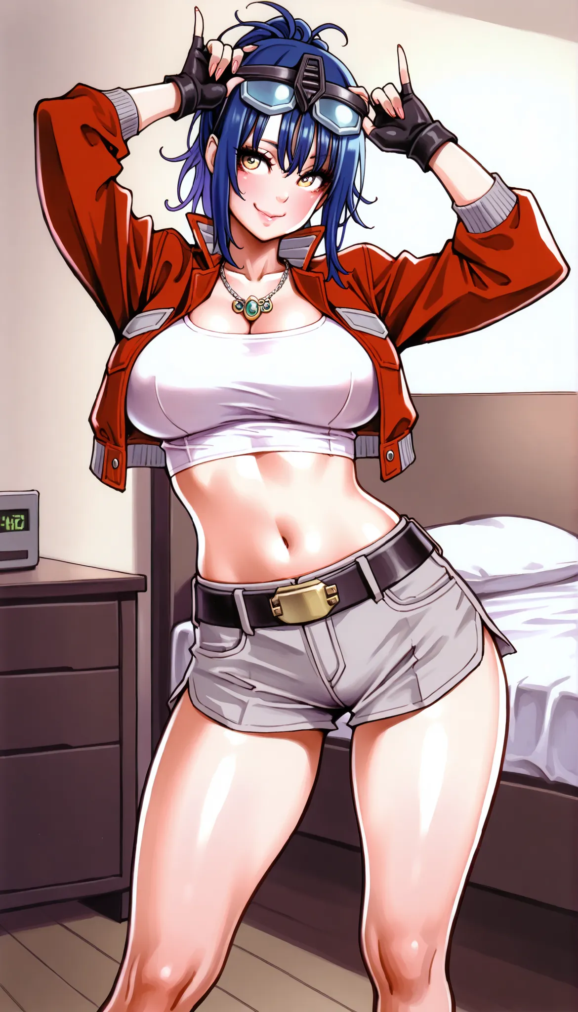 masterpiece,Highest Quality,great quality,very sophisticated,absaudress,Newest 1girl , solo, Wife Timer Prime, blue hair, double bang, eyewear on head, necklace, big breasts, white crop top,Down , red cropped jacket, fingerless gloves, Grey Low Leg Shorts,...