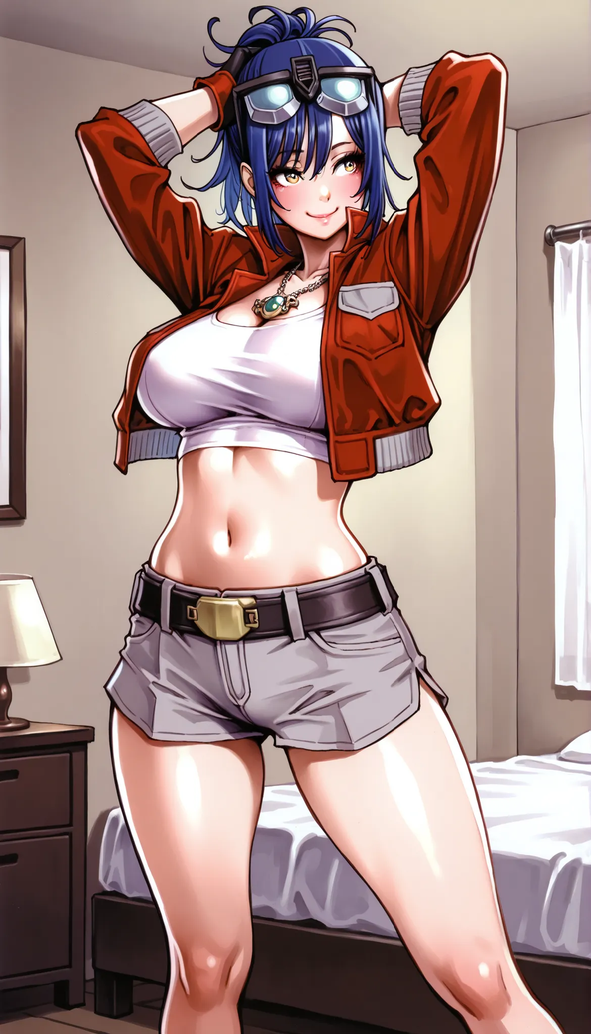masterpiece,Highest Quality,great quality,very sophisticated,absaudress,Newest 1girl , solo, Wife Timer Prime, blue hair, double bang, eyewear on head, necklace, big breasts, white crop top,Down , red cropped jacket, fingerless gloves, Grey Low Leg Shorts,...