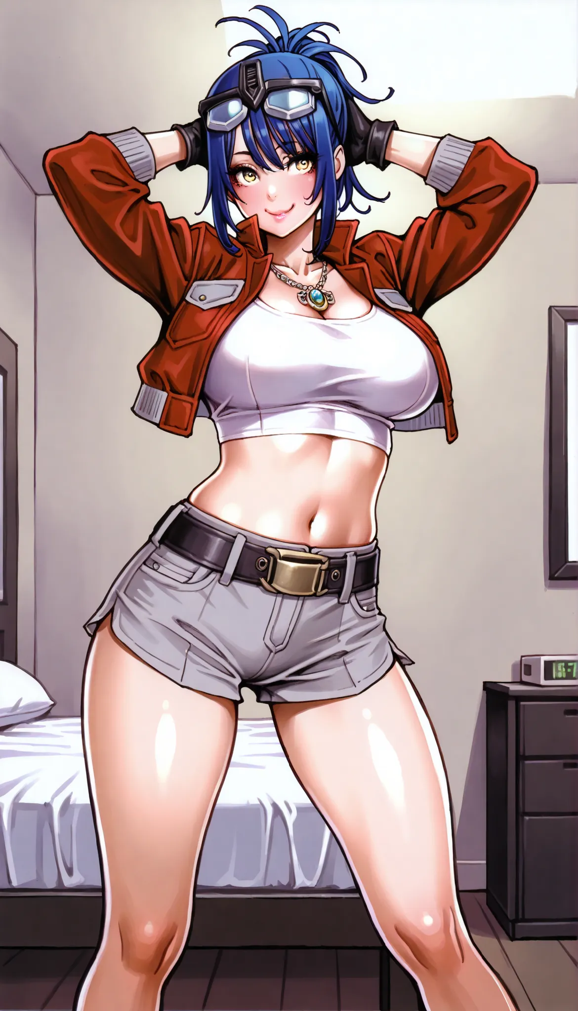 masterpiece,Highest Quality,great quality,very sophisticated,absaudress,Newest 1girl , solo, Wife Timer Prime, blue hair, double bang, eyewear on head, necklace, big breasts, white crop top,Down , red cropped jacket, fingerless gloves, Grey Low Leg Shorts,...