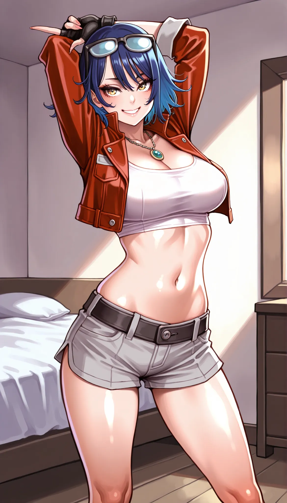 masterpiece,Highest Quality,great quality,very sophisticated,absaudress,Newest 1girl , solo, Wife Timer Prime, blue hair, double bang, eyewear on head, necklace, big breasts, white crop top,Down , red cropped jacket, fingerless gloves, Grey Low Leg Shorts,...