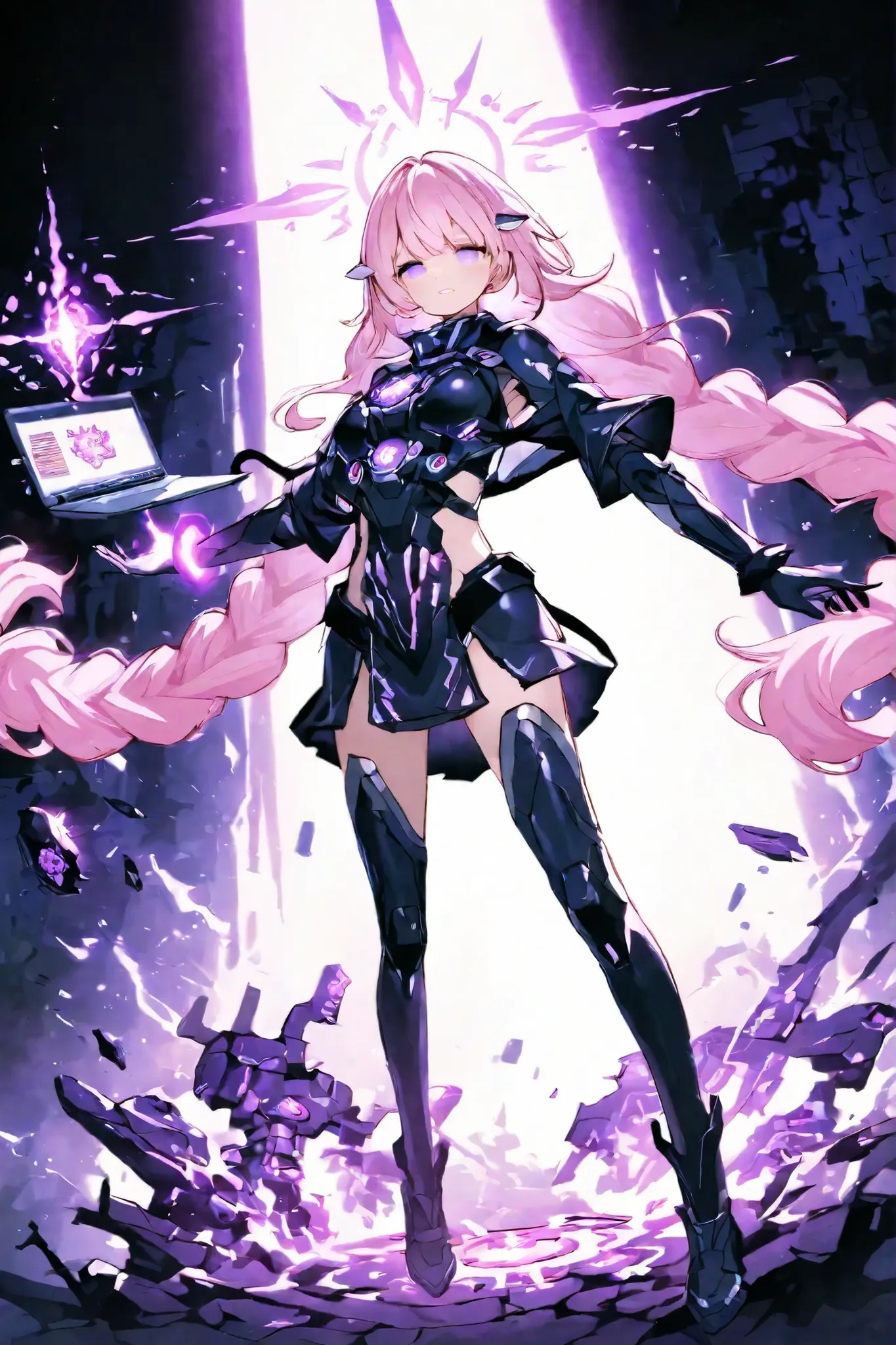 high quality universe Hidden Princess cute wide-open eyes without pupils white and pink hair White and black armor suit holding a laptop in hand Activation pose Magic Activation a barrage of light like a shooting game (Invaders Destroyed) full body Storyt...