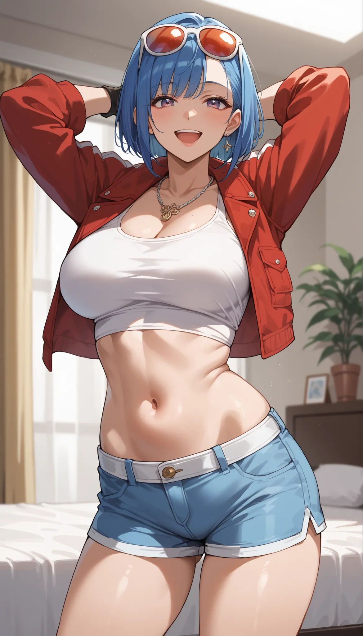 masterpiece,Highest Quality,great quality,very sophisticated,absaudress,Newest 1girl , solo, Wife Timer Prime, blue hair, double bang, eyewear on head, necklace, big breasts, white crop top,Down , red cropped jacket, fingerless gloves, Grey Low Leg Shorts,...