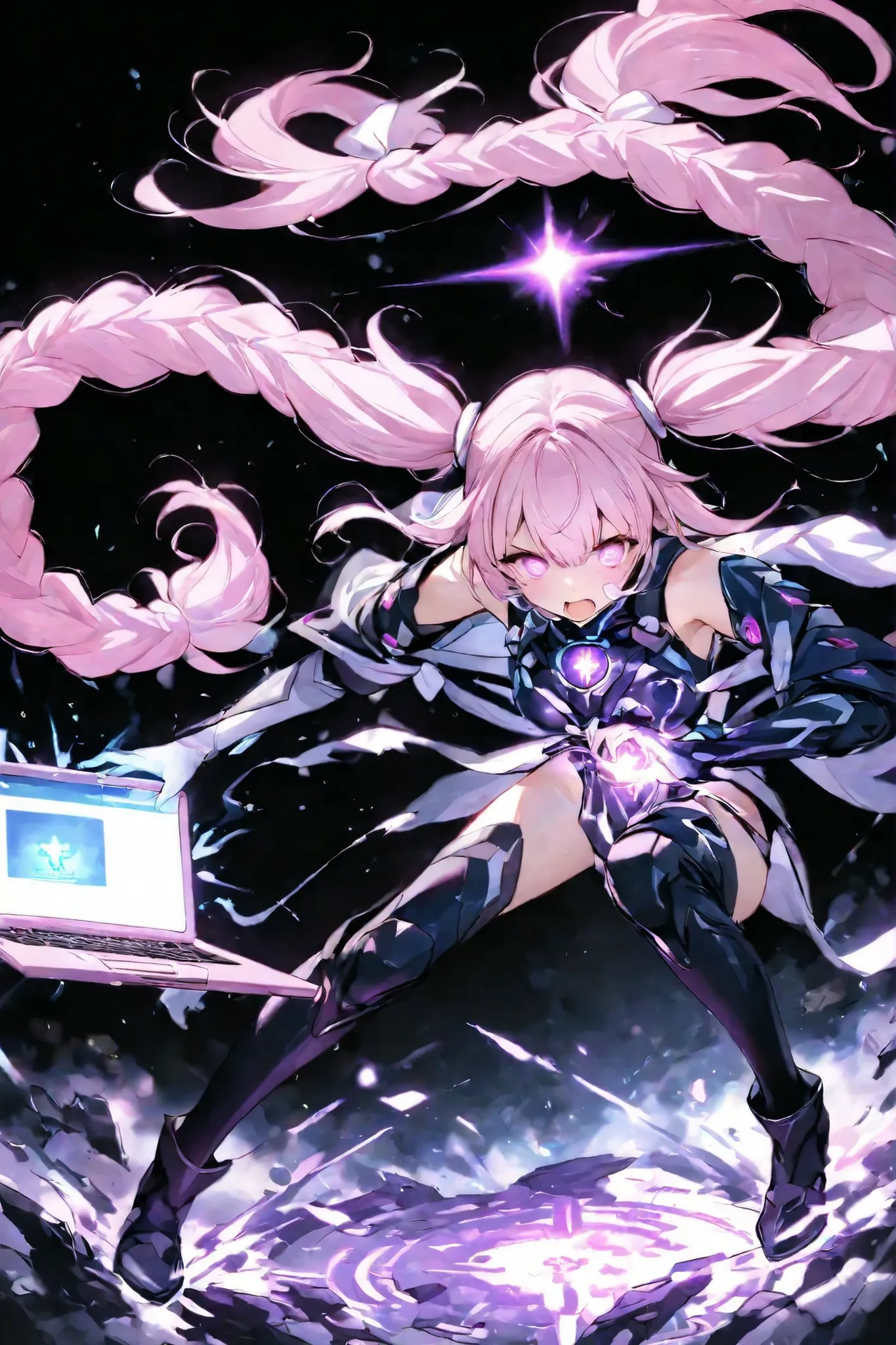 high quality universe Hidden Princess white and pink hair White and black armor suit holding a laptop in hand Activation pose Magic Activation a barrage of light like a shooting game Invaders Destroyed full body Storytelling Sense of Activation Eyes Shin...